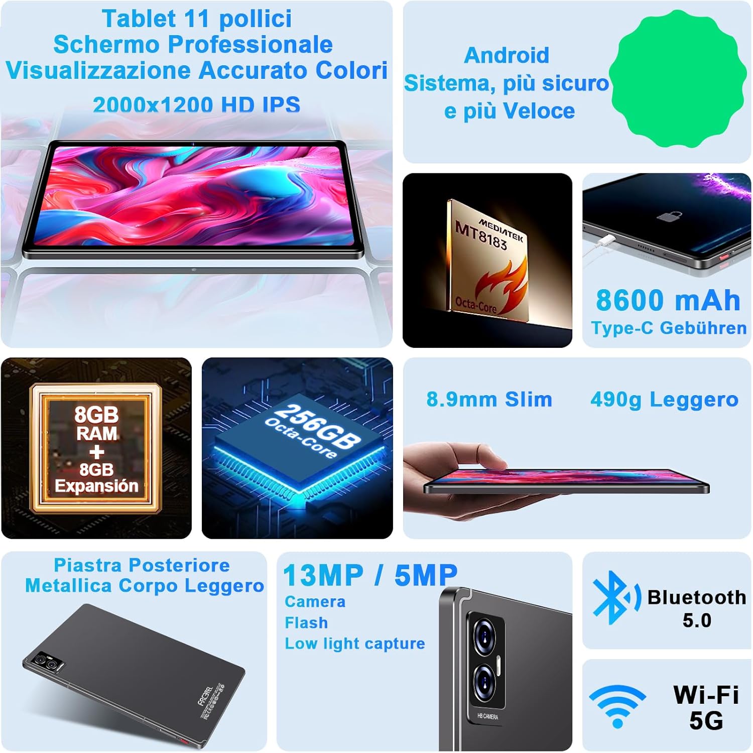 Newest Android Tablet 11 Inch Tablet 16GB RAM + 256GB ROM (1TB TF), 5G WiFi, Octa-Core, 2.0 GHz, 1280 * 800 IPS FHD, GMS, 8600mAh, Bluetooth 5.0, 8MP+13MP+2MP, Tablet PC with Case, Gray red-118