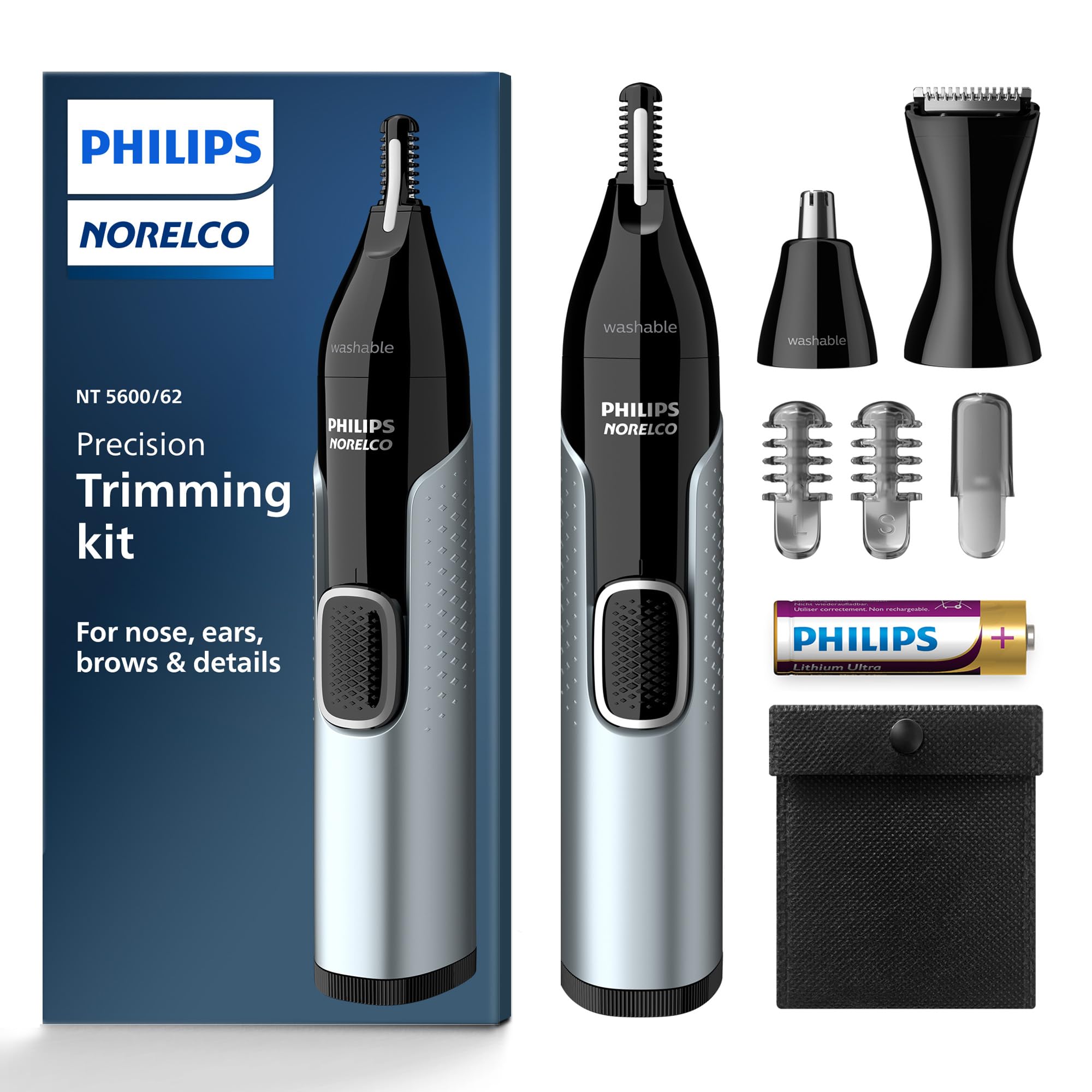 Norelco Philips Nose Trimmer 5000 for Nose, Ears, Eyebrows Trimming Kit, NT5600/62 Black, Silver Nose Trimmer 5000- Nt 5600/ 42