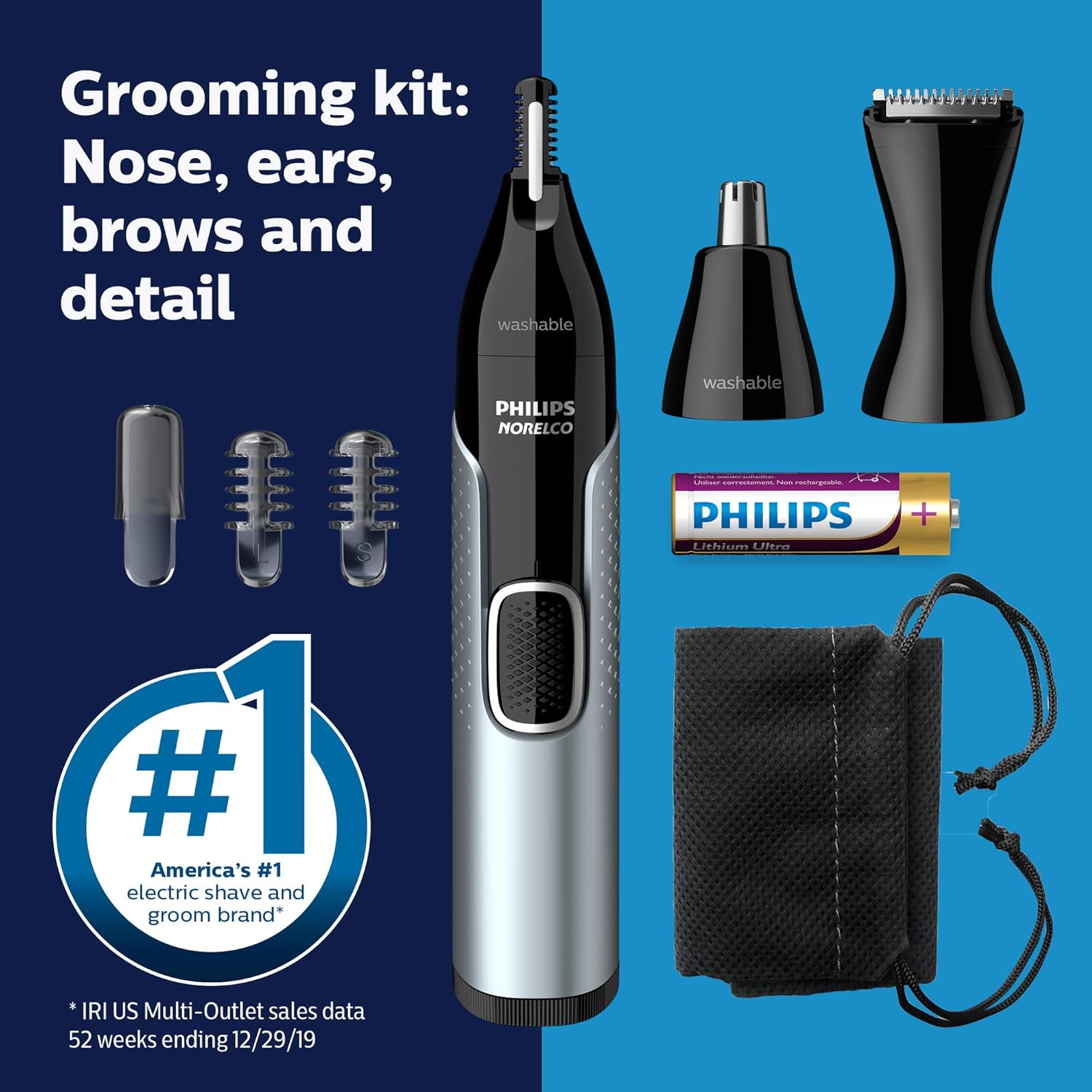 Norelco Philips Nose Trimmer 5000 for Nose, Ears, Eyebrows Trimming Kit, NT5600/62 Black, Silver Nose Trimmer 5000- Nt 5600/ 42
