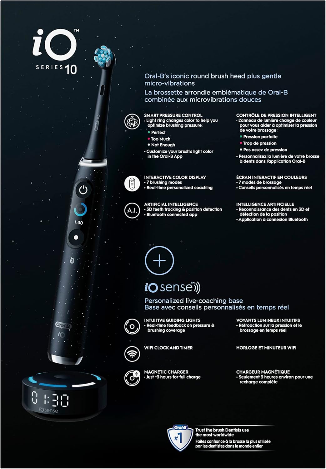 Oral-B iO Series 10 Rechargeable Electric Toothbrush with Visible Pressure Sensor to Protect Gums, 2 Min Timer, 7 Cleaning Settings, 4 Replacement Toothbrush Heads, and Charging Travel Case, Black Black 1 Count (Pack of 1)
