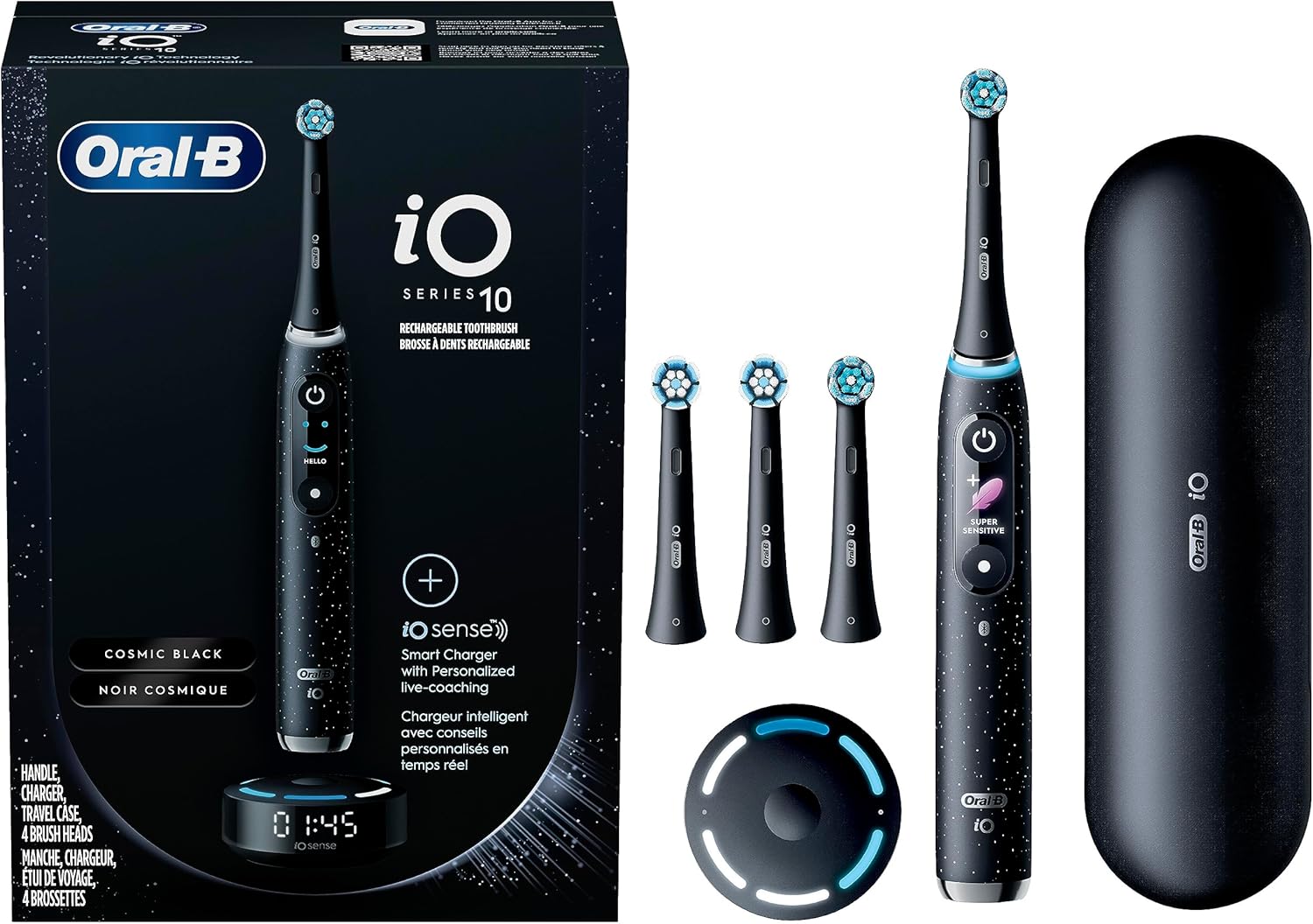 Oral-B iO Series 10 Rechargeable Electric Toothbrush with Visible Pressure Sensor to Protect Gums, 2 Min Timer, 7 Cleaning Settings, 4 Replacement Toothbrush Heads, and Charging Travel Case, Black Black 1 Count (Pack of 1)
