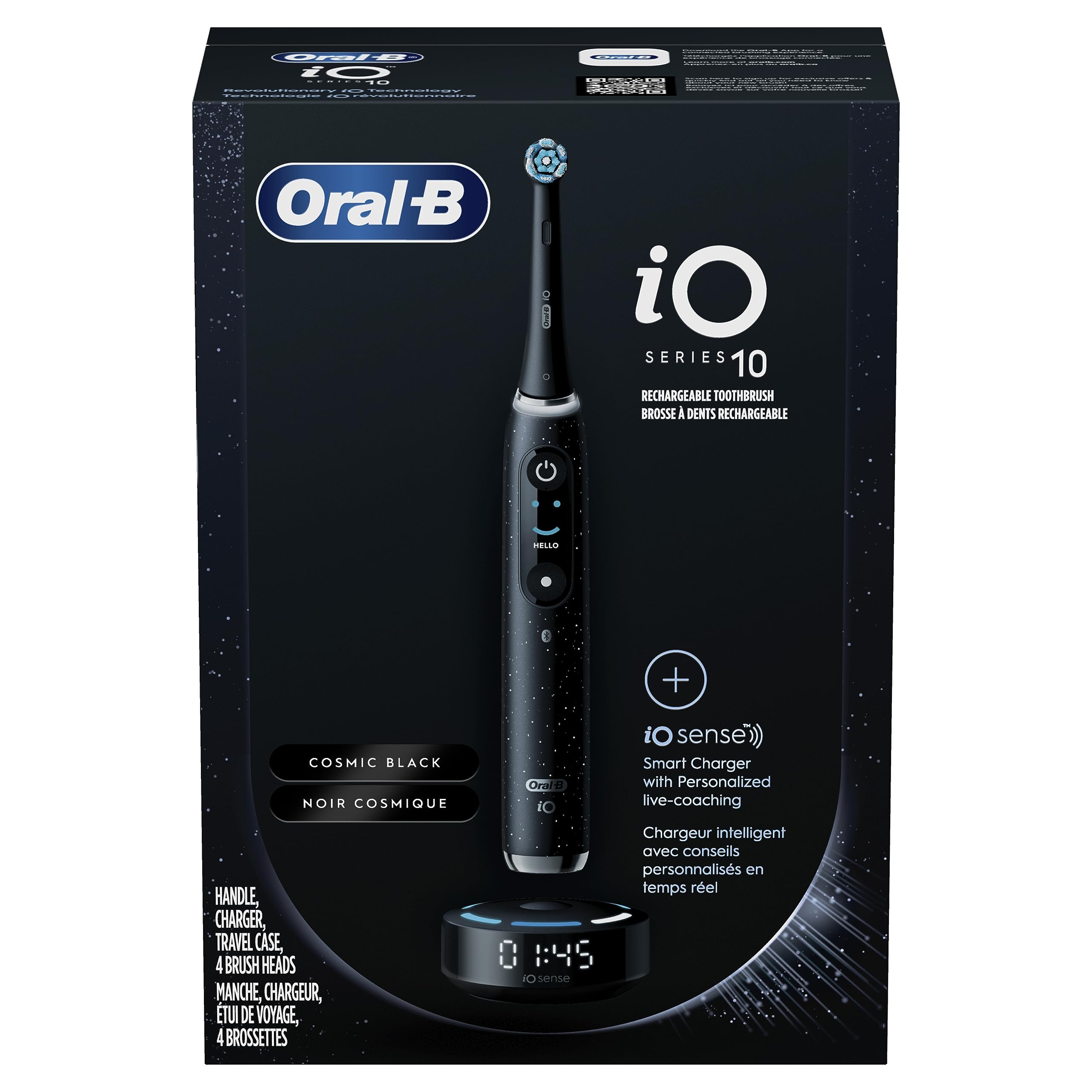 Oral-B iO Series 10 Rechargeable Electric Toothbrush with Visible Pressure Sensor to Protect Gums, 2 Min Timer, 7 Cleaning Settings, 4 Replacement Toothbrush Heads, and Charging Travel Case, Black Black 1 Count (Pack of 1)