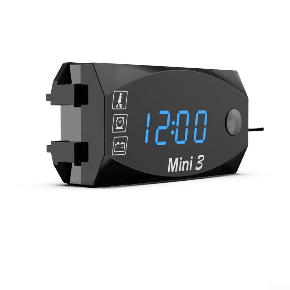 Outdoor Thermometer Motorcycle Voltmeter Versatile LED Digital Display Waterproof Long Power Cable Greenhouse Thermometer (Blue)