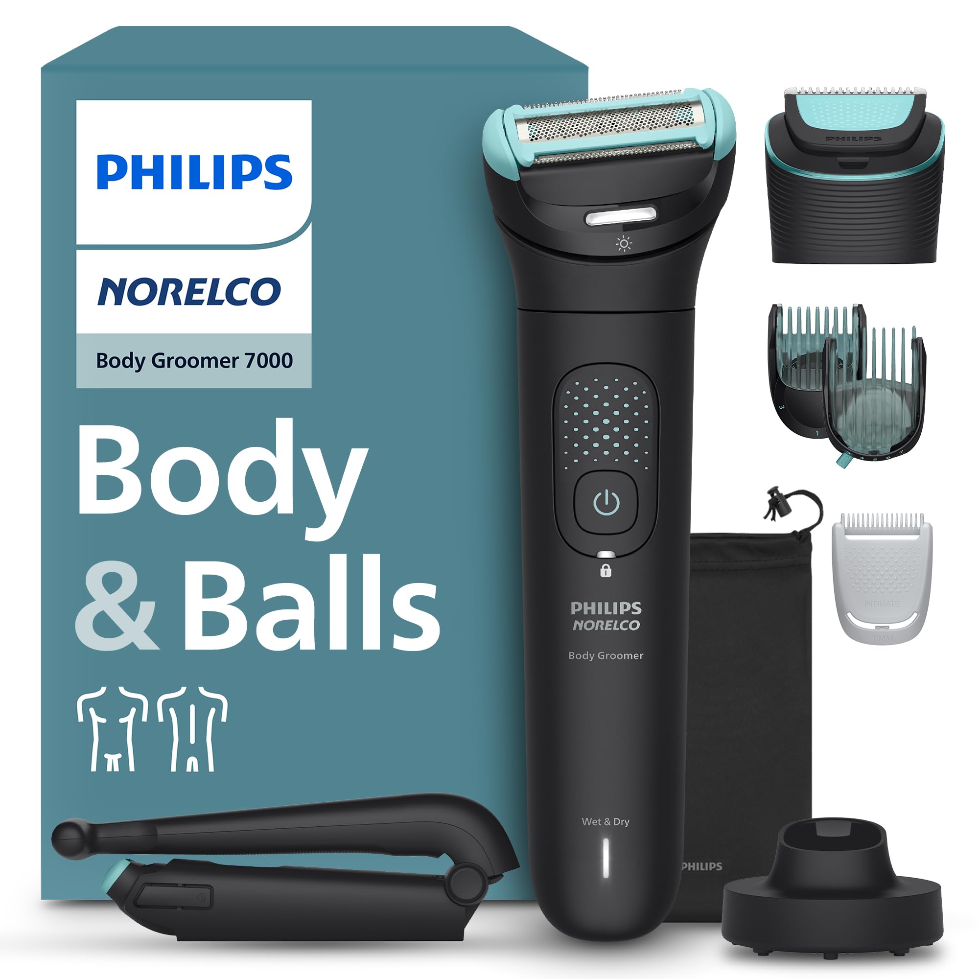 Philips Norelco Body Groomer 7000 Series, Men's Whole Body Groomer, Contour-Following 2D Flexing Head, Triple Protect Shave System & Intimate Body Hair Trimmer, 100% Showerproof, BG7480/50 BG7480/50 + 7 Accessories Black