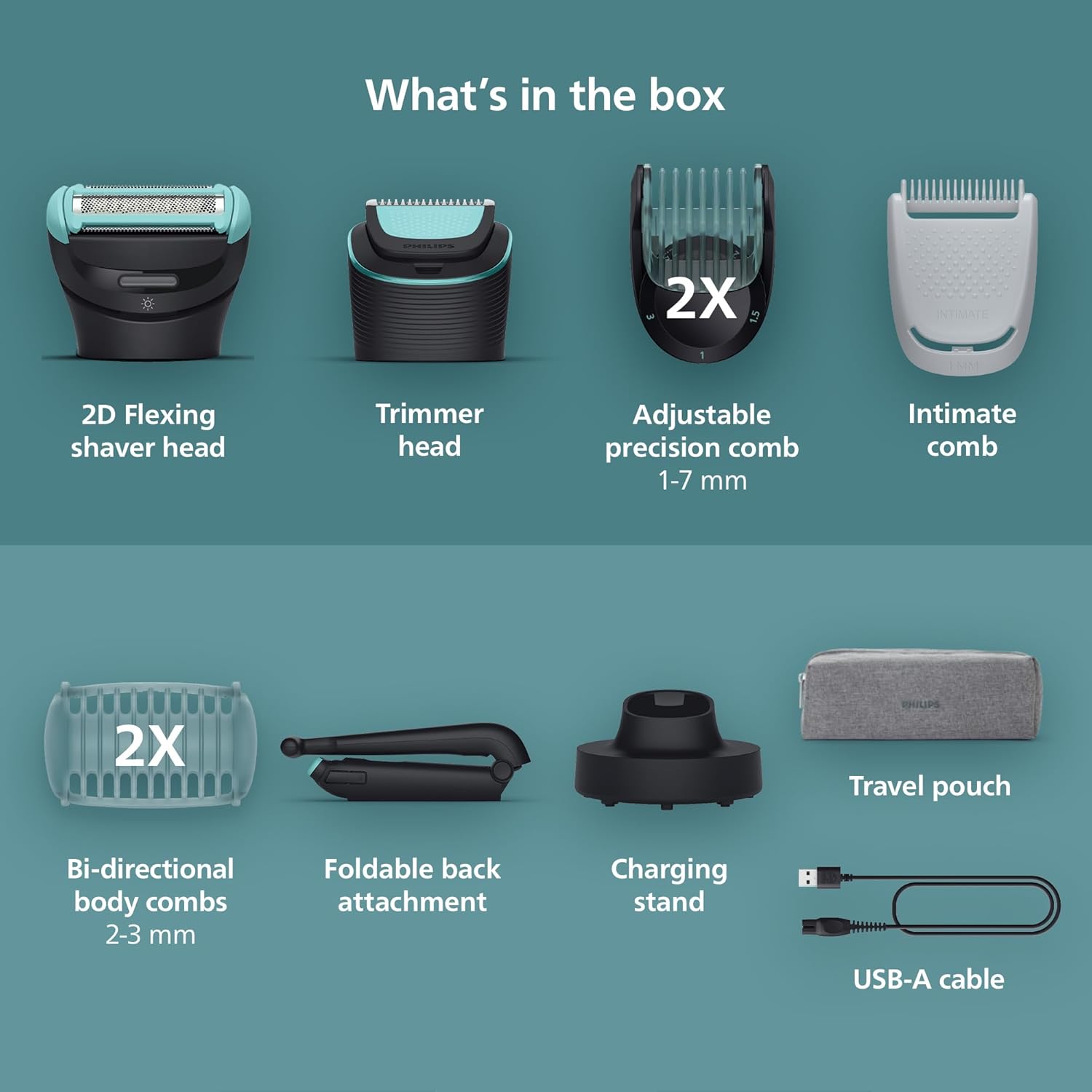 Philips Norelco Body Groomer 7000 Series, Waterproof Men's Full Body Groomer with Travel Case, Triple Protect Shave System & Body Hair Trimmer with Contour-Following 2D Flexing Head, BG7490/50 Black BG7490/50 + 9 Accessories