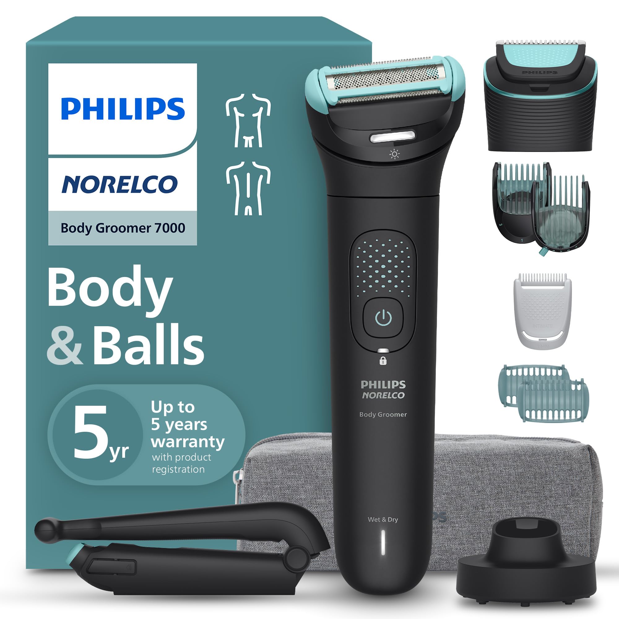 Philips Norelco Body Groomer 7000 Series, Waterproof Men's Full Body Groomer with Travel Case, Triple Protect Shave System & Body Hair Trimmer with Contour-Following 2D Flexing Head, BG7490/50 Black BG7490/50 + 9 Accessories