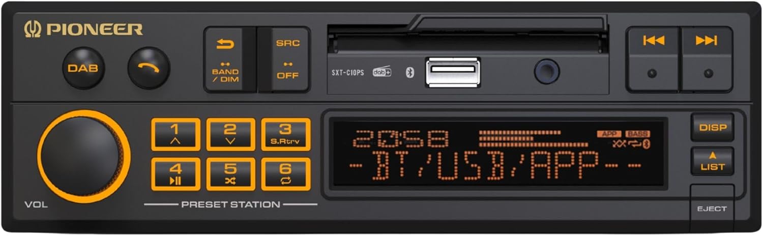 Pioneer SXT-C10PS 1-DIN car radio: retro design with modern technology, Bluetooth®, DAB+, USB, AUX, RGB lighting, 13-band equalizer, Pioneer Smart Sync app