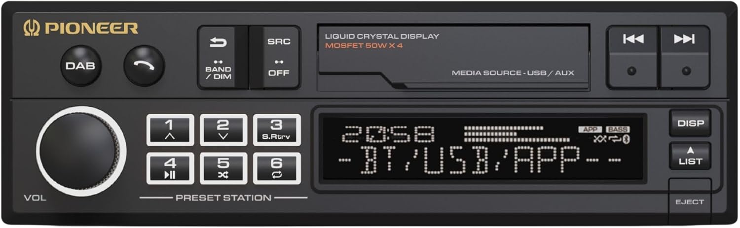 Pioneer SXT-C10PS 1-DIN car radio: retro design with modern technology, Bluetooth®, DAB+, USB, AUX, RGB lighting, 13-band equalizer, Pioneer Smart Sync app