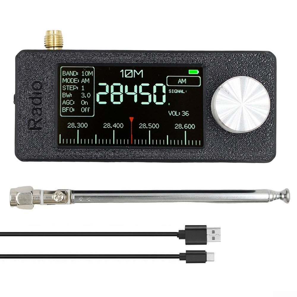 Pocket Radio Receiver, LSB USB AM FM Mini Radio, SI4732, equipped with a portable loop antenna, which can be used to receive 9.9K-108MHz (Black Rod) Black-Pull Rod