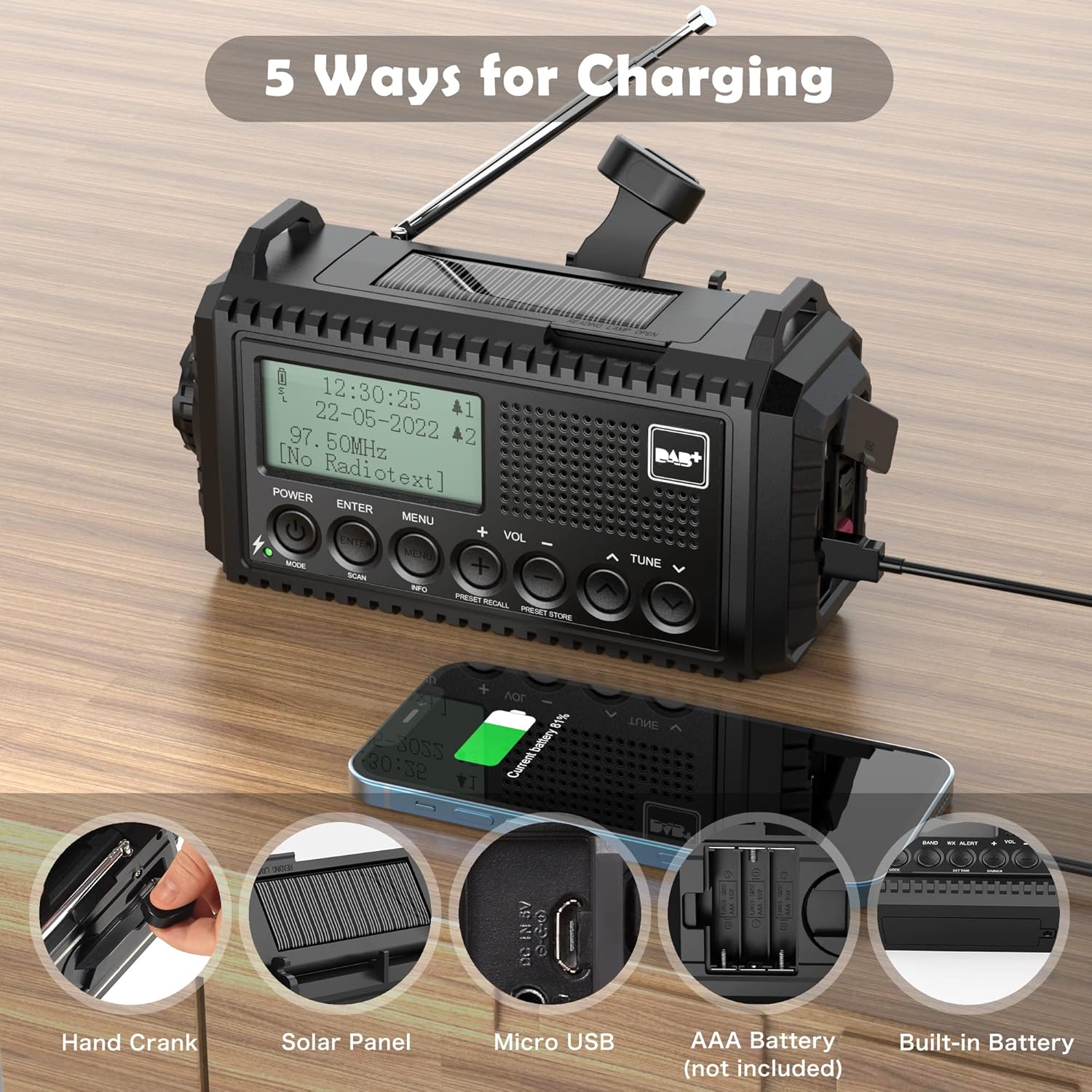 Portable DAB/FM Radio with 5000mAh Rechargeable Battery, Hand Crank Solar Mains Powered DAB+ Digital Radio with USB Charger Black