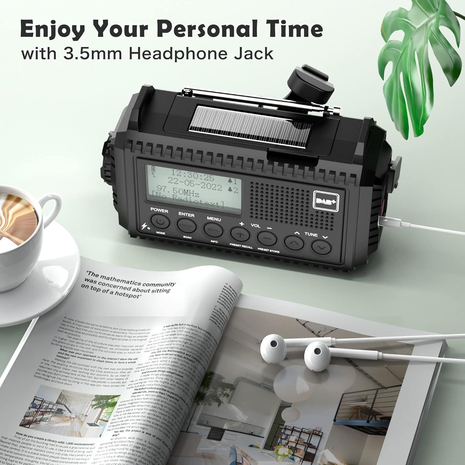 Portable DAB/FM Radio with 5000mAh Rechargeable Battery, Hand Crank Solar Mains Powered DAB+ Digital Radio with USB Charger Black