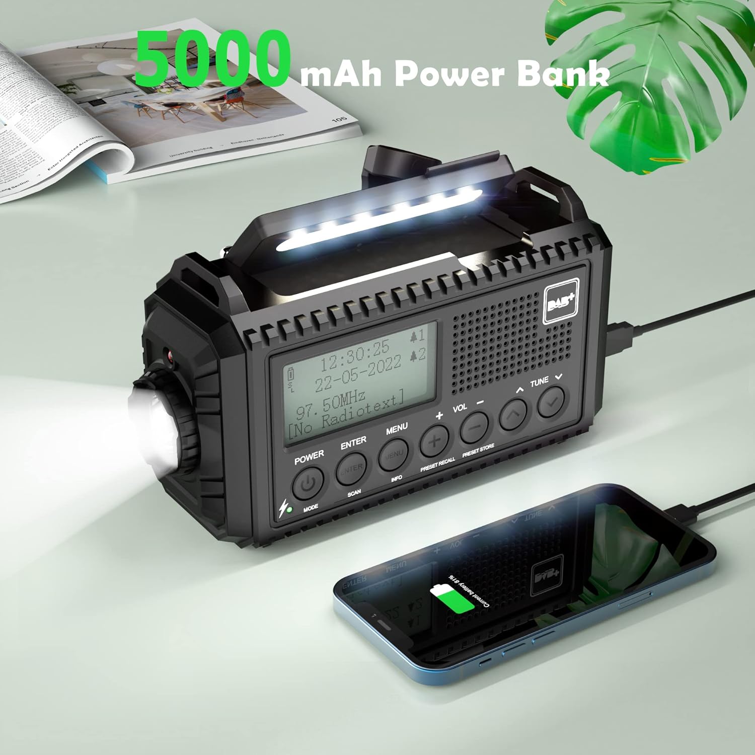Portable DAB/FM Radio with 5000mAh Rechargeable Battery, Hand Crank Solar Mains Powered DAB+ Digital Radio with USB Charger Black