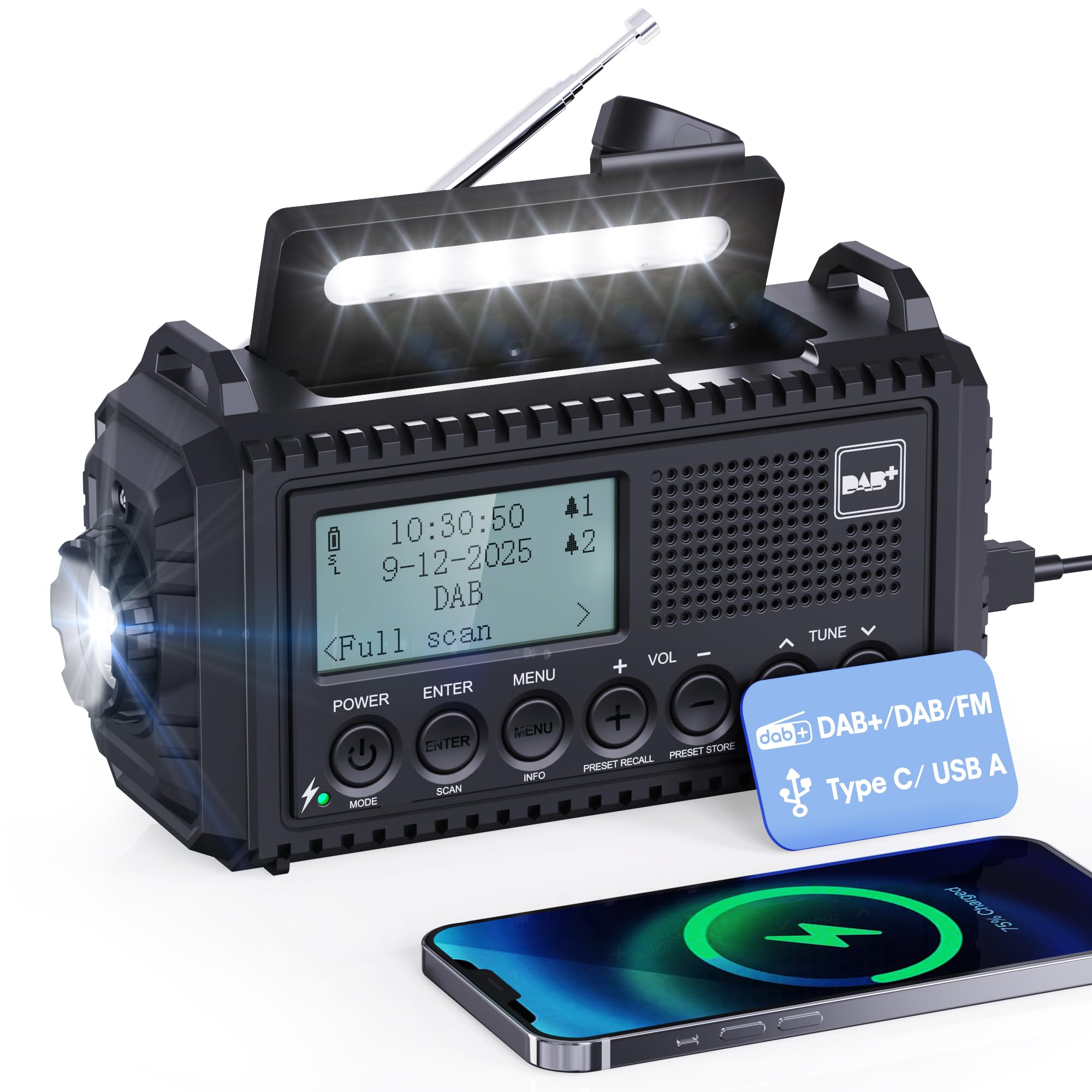 Portable DAB/FM Radio with 5000mAh Rechargeable Battery, Hand Crank Solar Mains Powered DAB+ Digital Radio with USB Charger Black