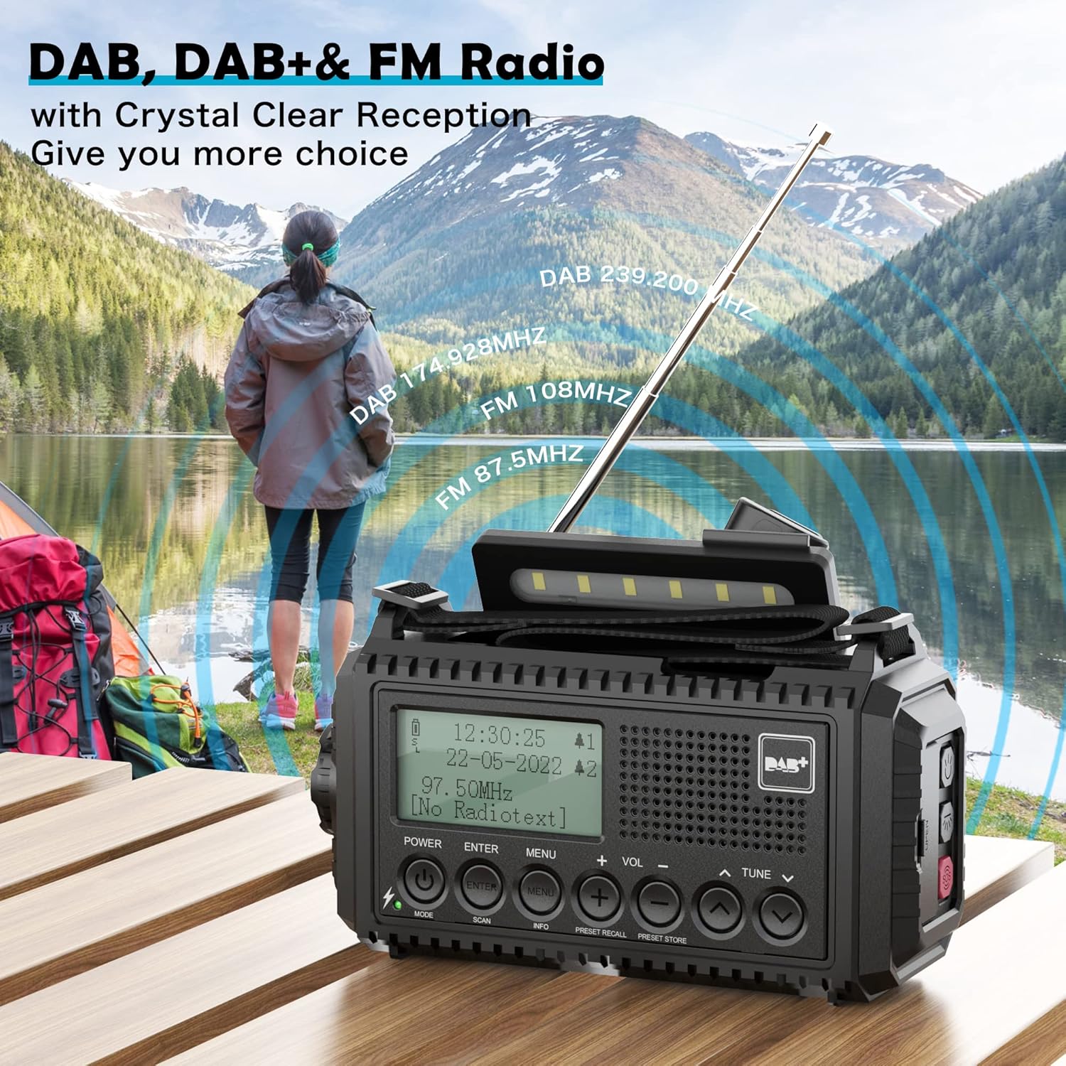 Portable DAB/FM Radio with 5000mAh Rechargeable Battery, Hand Crank Solar Mains Powered DAB+ Digital Radio with USB Charger Black
