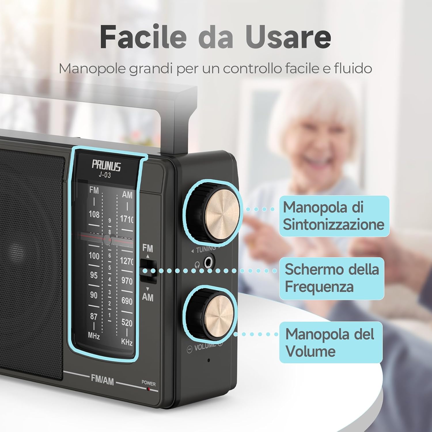 PRUNUS J-03 AM/FM Portable Radio, Portable Radio Powered by Batteries (4*AA) or AC Power, Small Portable Radios with Headphone Jack for, Kitchen, Table, Home (Black) A-Black03