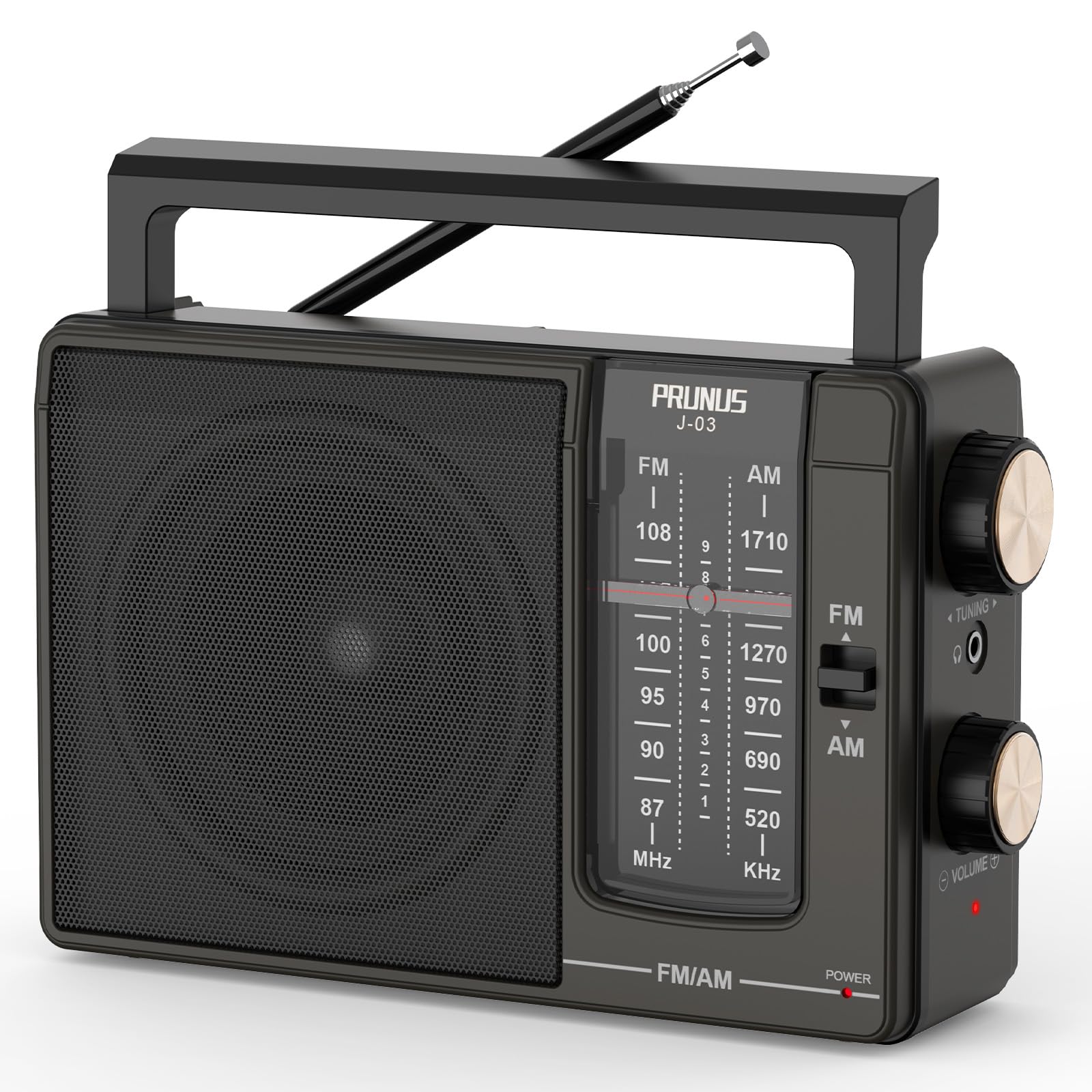 PRUNUS J-03 AM/FM Portable Radio, Portable Radio Powered by Batteries (4*AA) or AC Power, Small Portable Radios with Headphone Jack for, Kitchen, Table, Home (Black) A-Black03