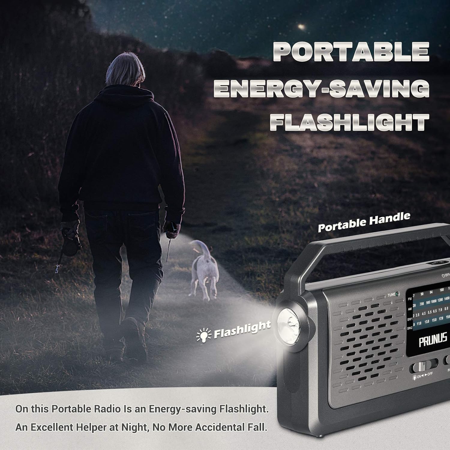 PRUNUS J-15 FM/AM/SW Portable Radio, Portable Radio with Oversized Knob and Large Speaker, Battery or AC Powered Radio, with Flashlight and Power Cord, for Seniors (Silver) Silver15