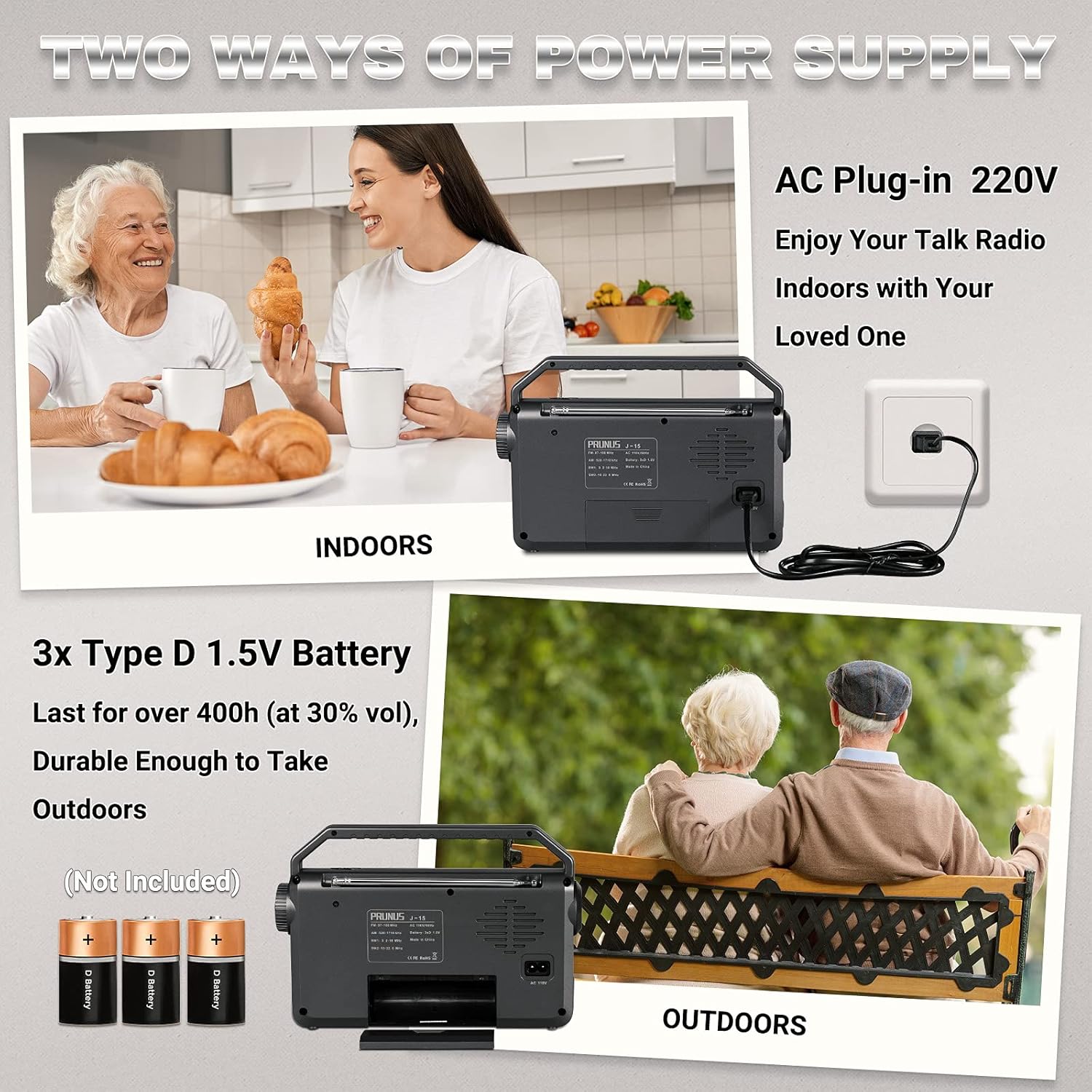 PRUNUS J-15 FM/AM/SW Portable Radio, Portable Radio with Oversized Knob and Large Speaker, Battery or AC Powered Radio, with Flashlight and Power Cord, for Seniors (Silver) Silver15