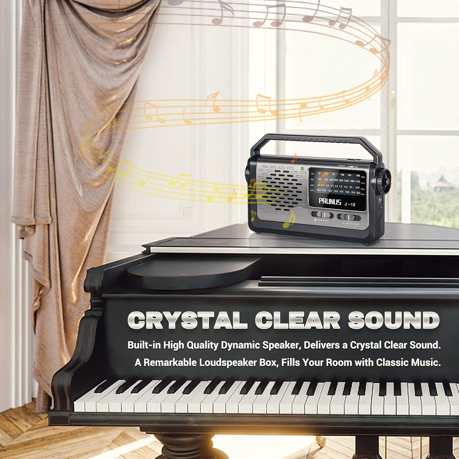 PRUNUS J-15 FM/AM/SW Portable Radio, Portable Radio with Oversized Knob and Large Speaker, Battery or AC Powered Radio, with Flashlight and Power Cord, for Seniors (Silver) Silver15