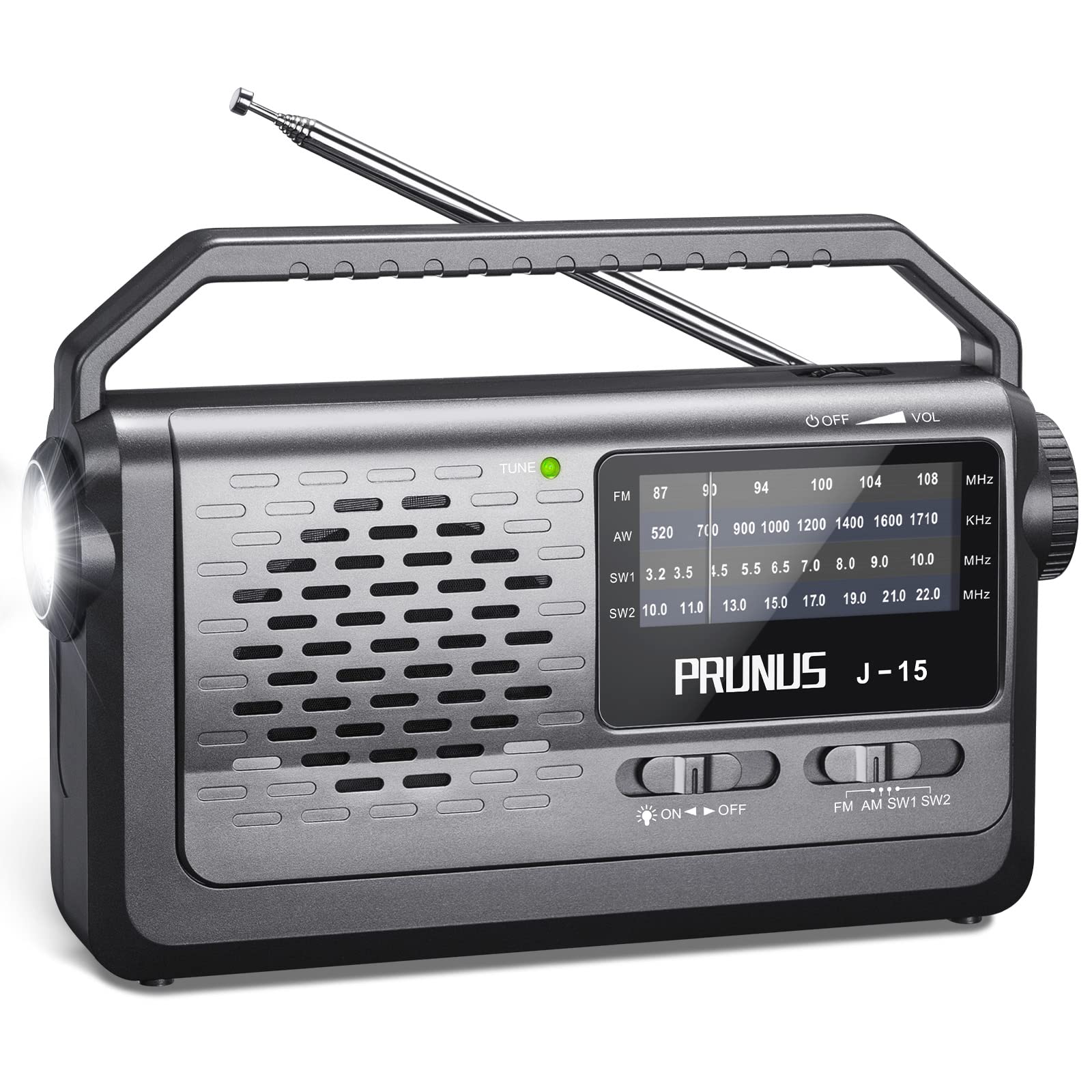 PRUNUS J-15 FM/AM/SW Portable Radio, Portable Radio with Oversized Knob and Large Speaker, Battery or AC Powered Radio, with Flashlight and Power Cord, for Seniors (Silver) Silver15
