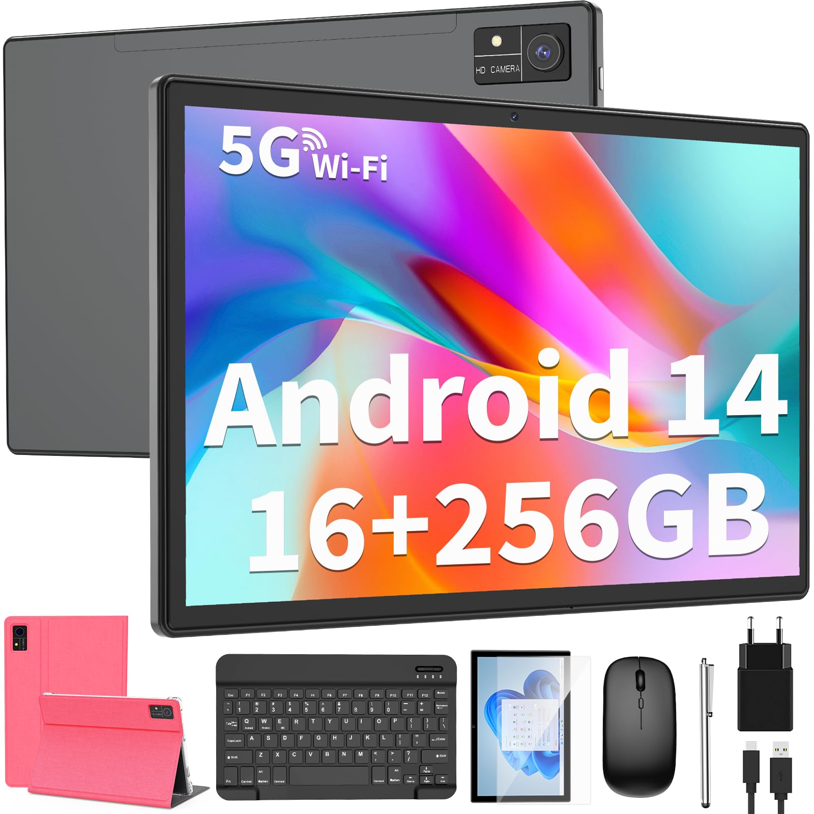 QDDQ Android 14 Tablet 10 Inch, 16 GB RAM + 256 GB ROM (1 TB TF) Tablet PC, 8000 mAh, 2.4G/5G WiFi 2 in 1 Tablet with Keyboard, Case, Mouse, Stylus, Octa-core, GPS, Pink