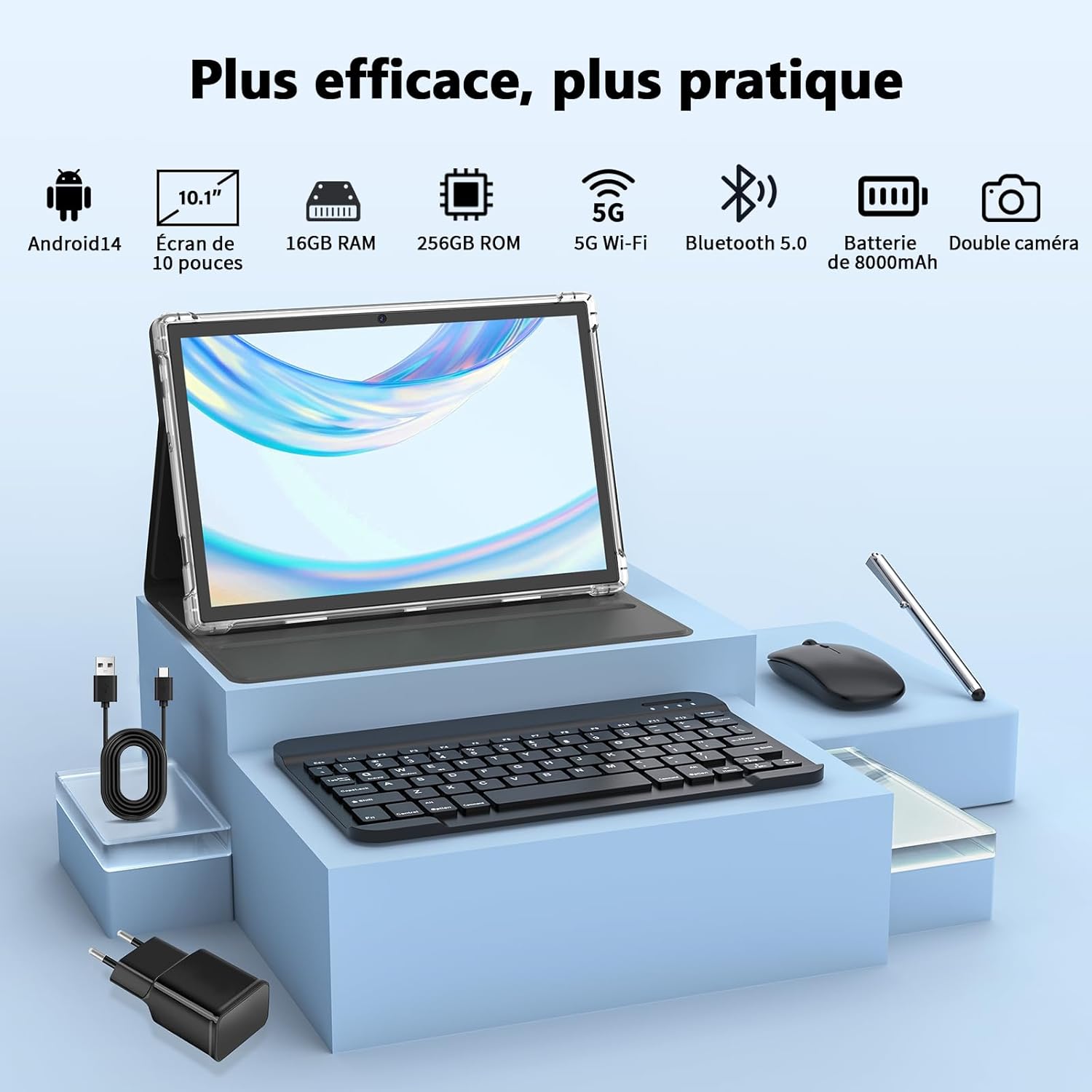 QDDQ Android 14 Tablet 10 Inch, 16 GB RAM + 256 GB ROM (1 TB TF) Tablet PC, 8000 mAh, 2.4G/5G WiFi 2 in 1 Tablet with Keyboard, Case, Mouse, Stylus, Octa-core, GPS, Pink