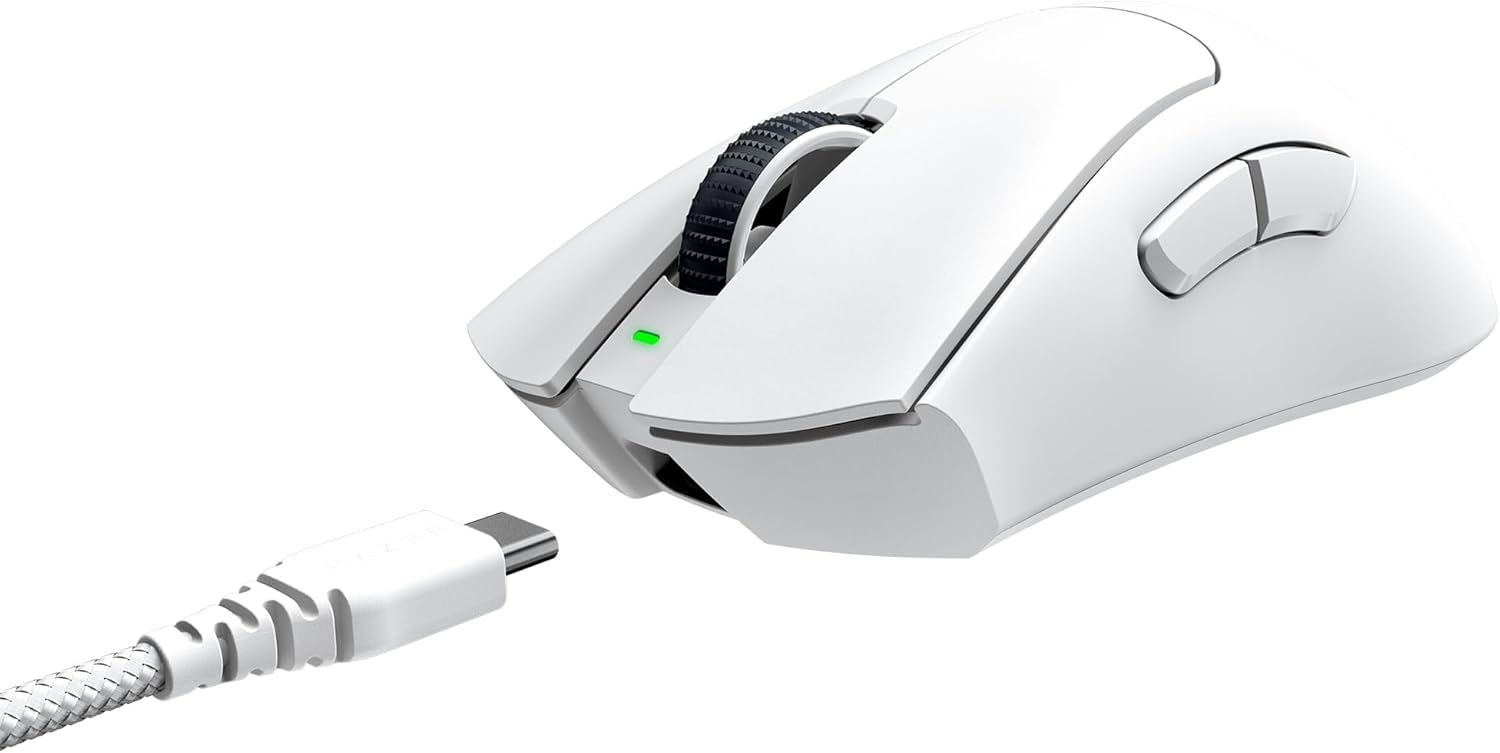 Razer DeathAdder V3 Pro Wireless Gaming Mouse: 64g Lightweight Ergonomic - 30K DPI Optical Sensor - Gen-3 Optical Switches - 8 Programmable Controls - Up to 90 Hr Battery - White White 1000 Hz