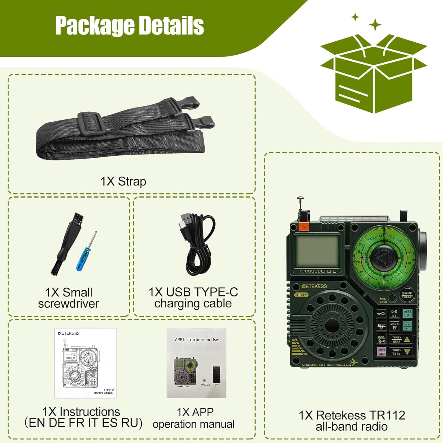 Retekess TR112 Multiband Radio, FM VHF MW SW WB AIR Radio, Low Stereo SOS Alert, Remote Control for Smart Applications, MP3/TF, Camping, Fishing (Green)