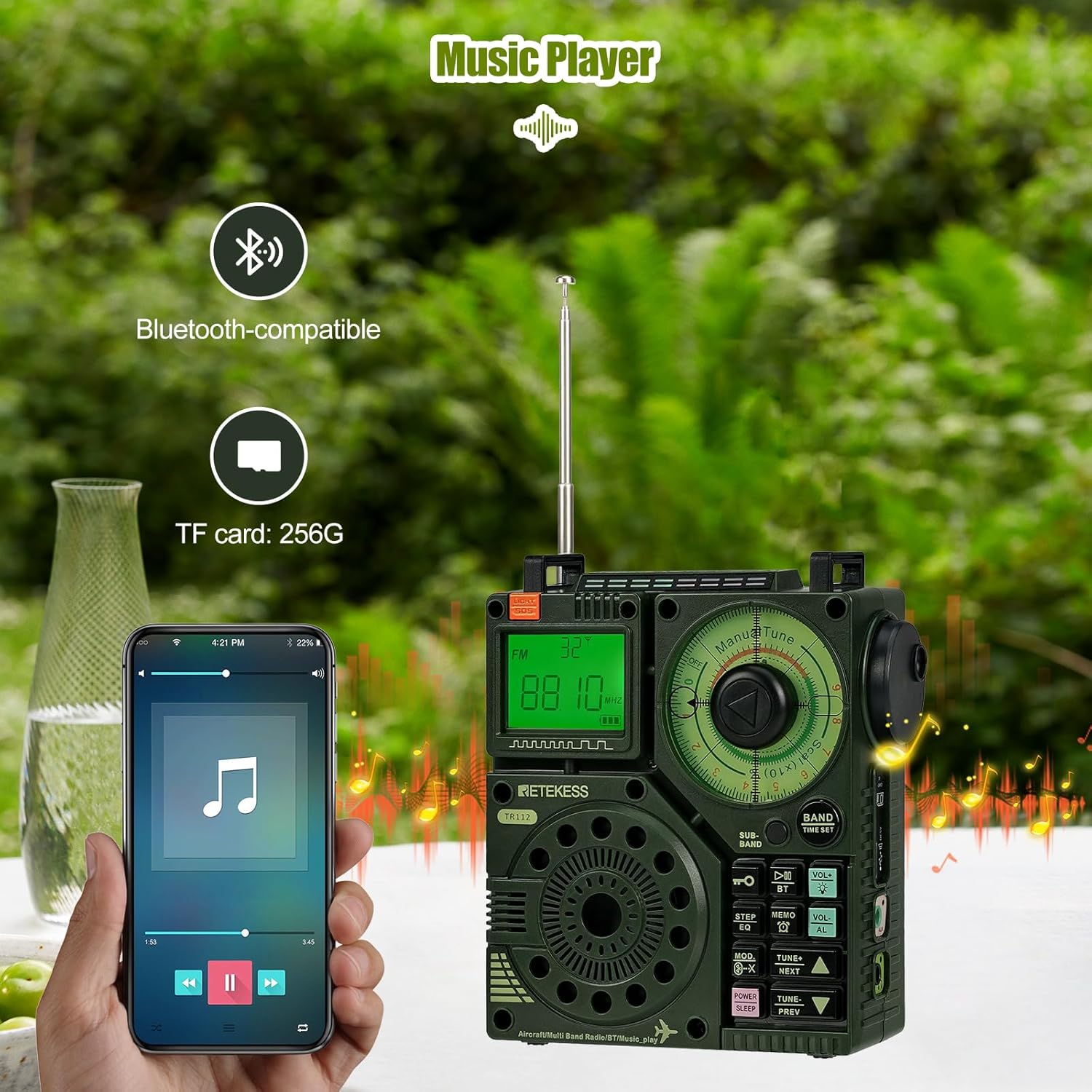 Retekess TR112 Multiband Radio, FM VHF MW SW WB AIR Radio, Low Stereo SOS Alert, Remote Control for Smart Applications, MP3/TF, Camping, Fishing (Green)