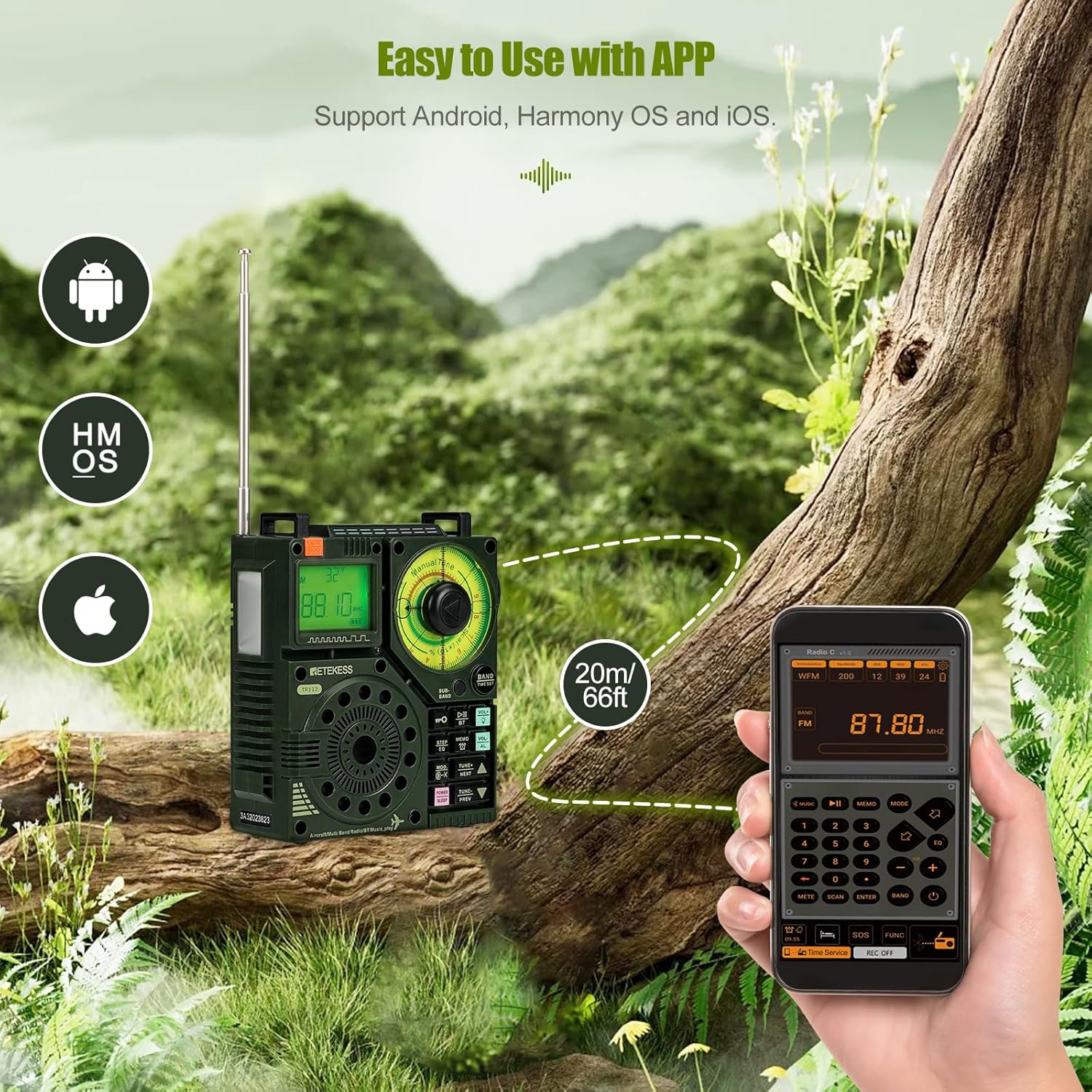 Retekess TR112 Multiband Radio, FM VHF MW SW WB AIR Radio, Low Stereo SOS Alert, Remote Control for Smart Applications, MP3/TF, Camping, Fishing (Green)