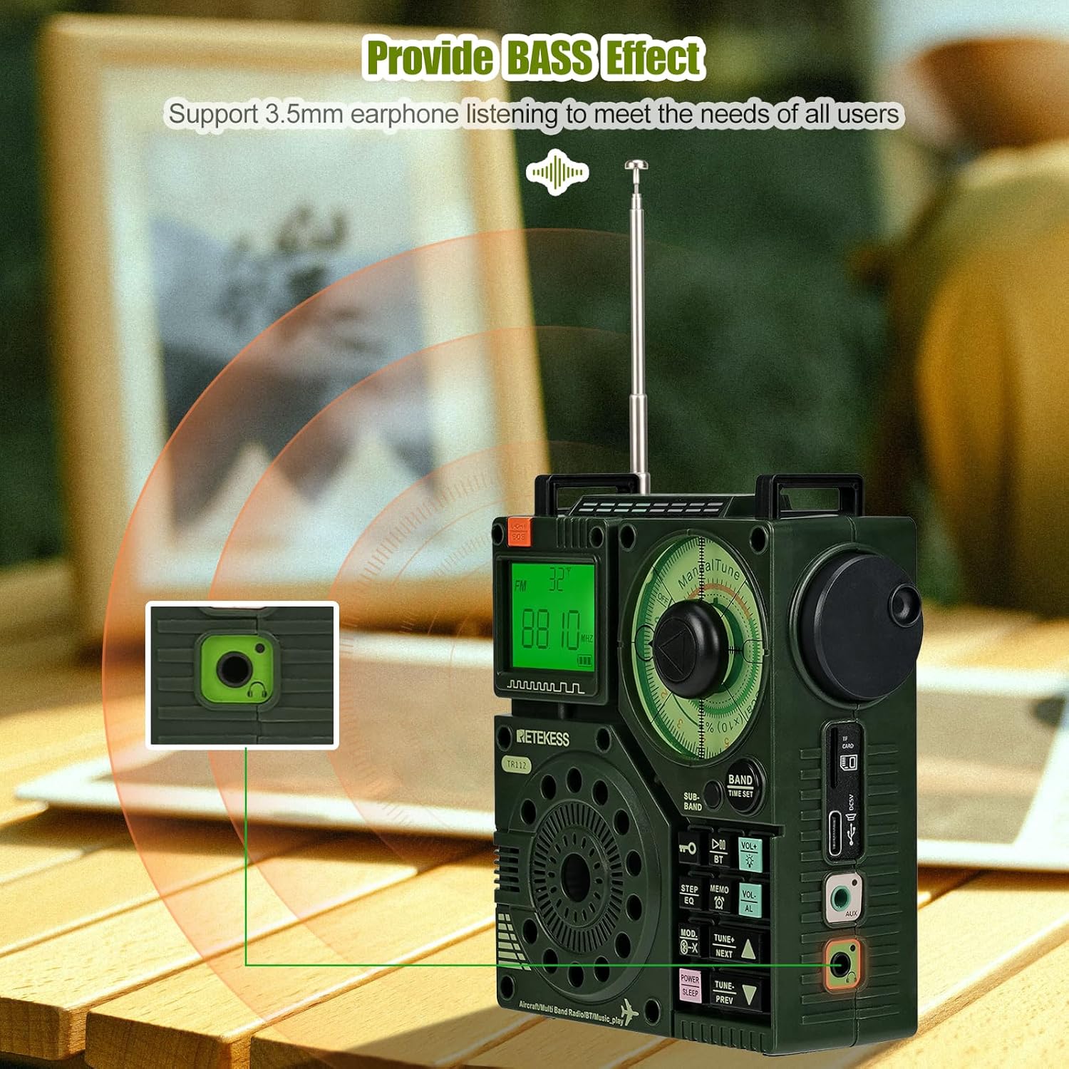 Retekess TR112 Multiband Radio, FM VHF MW SW WB AIR Radio, Low Stereo SOS Alert, Remote Control for Smart Applications, MP3/TF, Camping, Fishing (Green)
