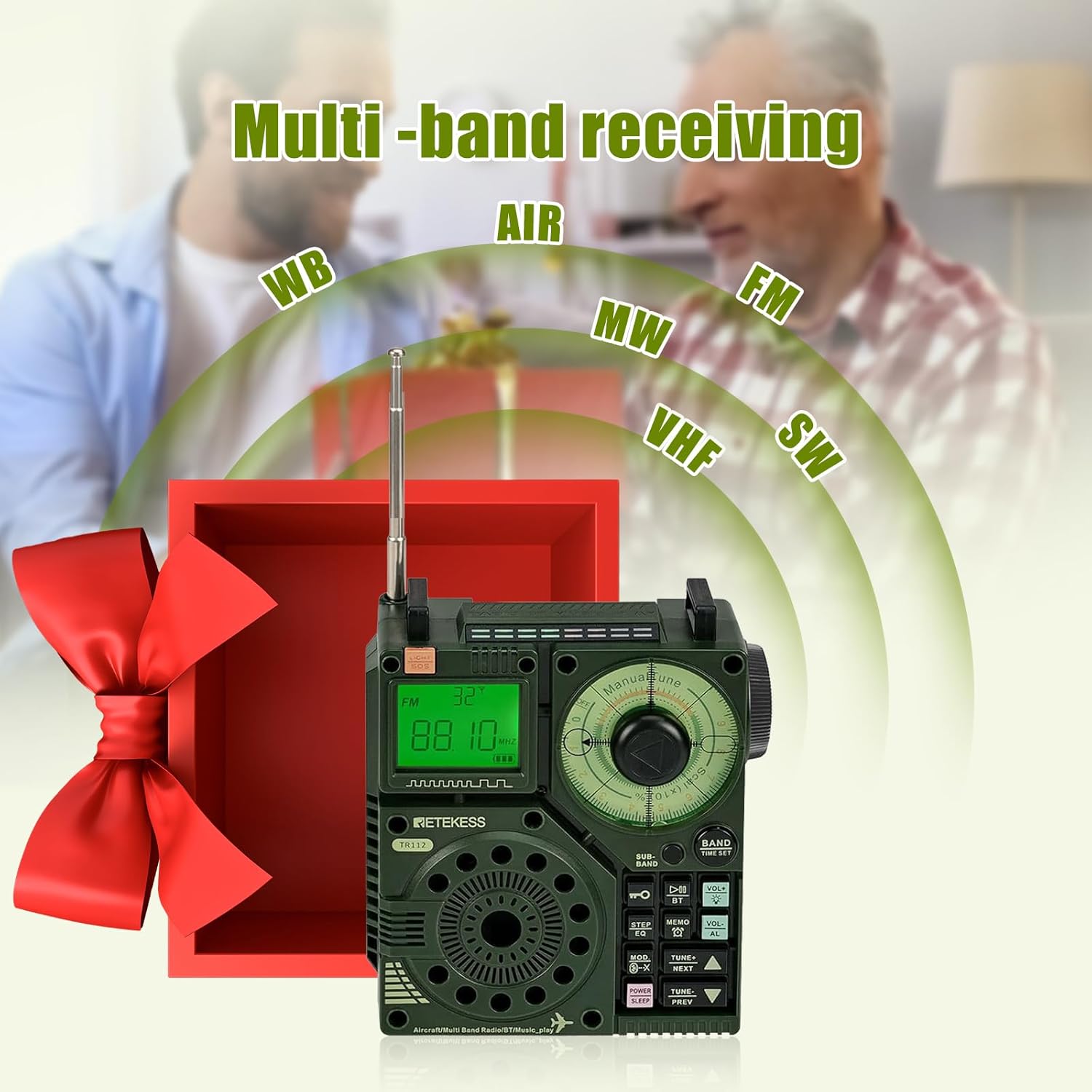 Retekess TR112 Multiband Radio, FM VHF MW SW WB AIR Radio, Low Stereo SOS Alert, Remote Control for Smart Applications, MP3/TF, Camping, Fishing (Green)