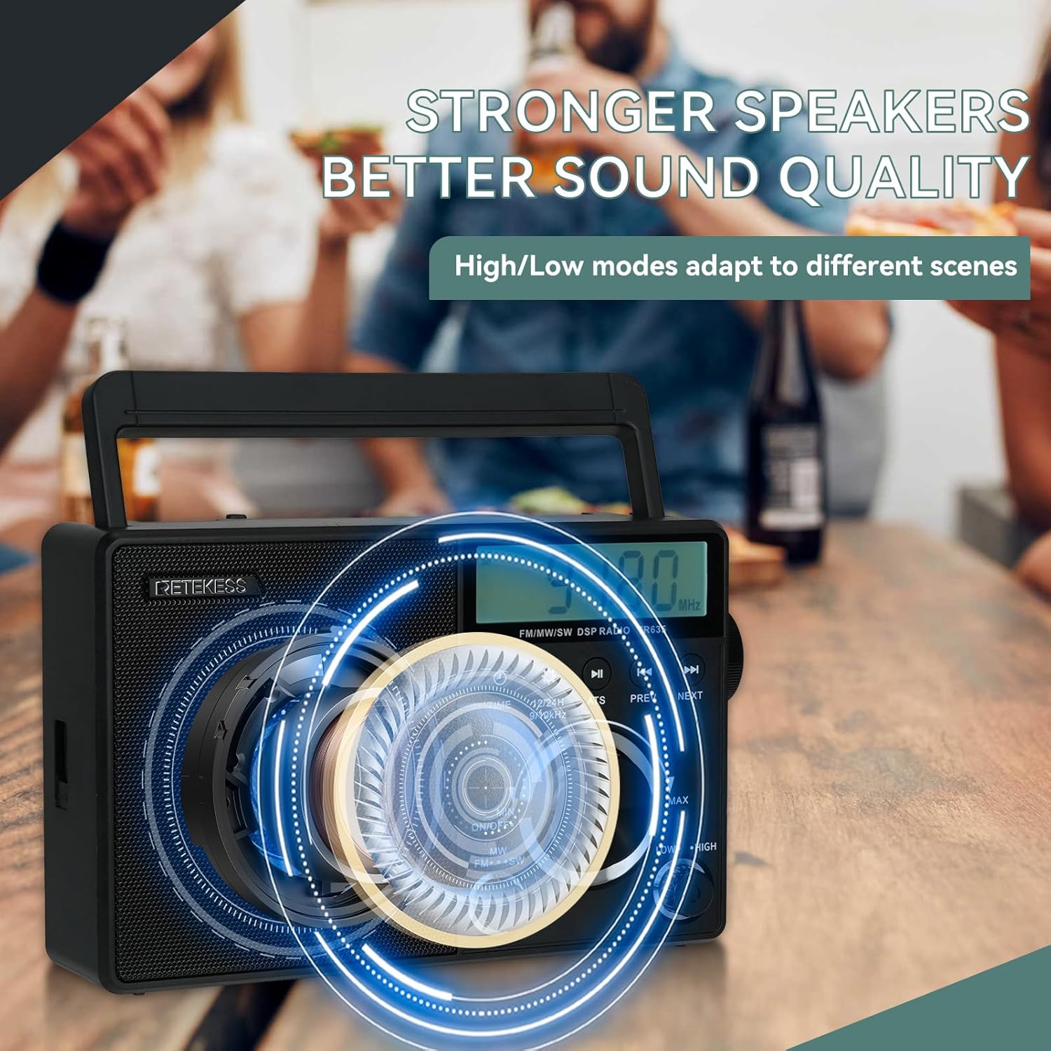 Retekess TR635 Portable Radio, FM/AM/SW Multiband Radio Rechargeable Battery, Speakers, Headphone Jack, Large Knob, Suitable for the Elderly, Gift (Black)