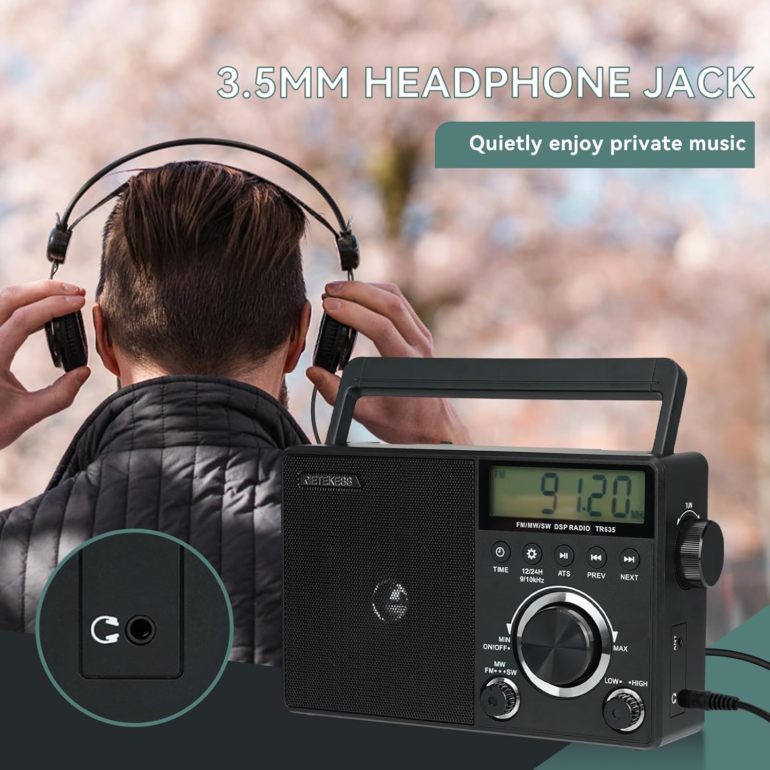 Retekess TR635 Portable Radio, FM/AM/SW Multiband Radio Rechargeable Battery, Speakers, Headphone Jack, Large Knob, Suitable for the Elderly, Gift (Black)