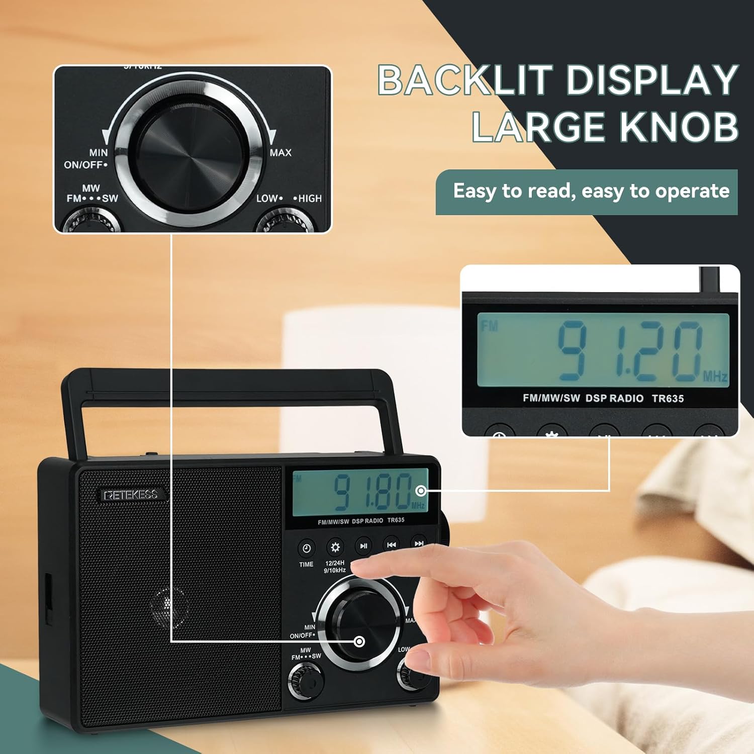 Retekess TR635 Portable Radio, FM/AM/SW Multiband Radio Rechargeable Battery, Speakers, Headphone Jack, Large Knob, Suitable for the Elderly, Gift (Black)