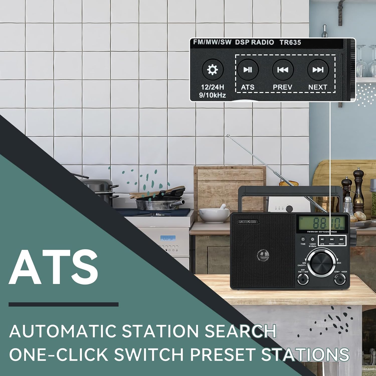 Retekess TR635 Portable Radio, FM/AM/SW Multiband Radio Rechargeable Battery, Speakers, Headphone Jack, Large Knob, Suitable for the Elderly, Gift (Black)