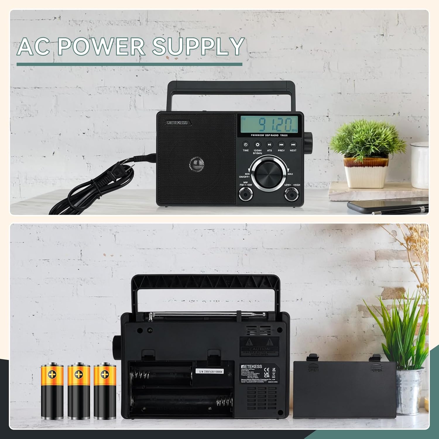 Retekess TR635 Portable Radio, FM/AM/SW Multiband Radio Rechargeable Battery, Speakers, Headphone Jack, Large Knob, Suitable for the Elderly, Gift (Black)