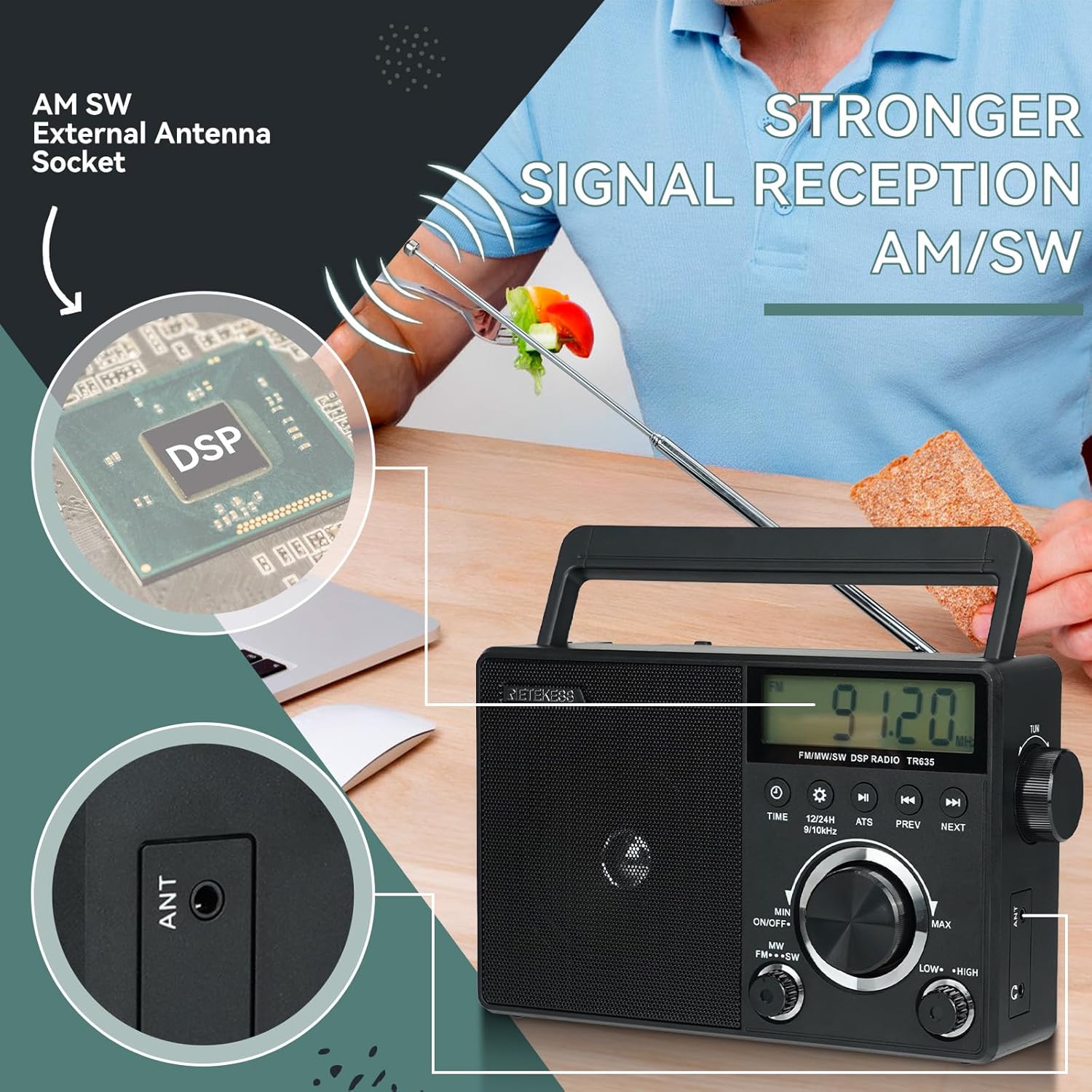 Retekess TR635 Portable Radio, FM/AM/SW Multiband Radio Rechargeable Battery, Speakers, Headphone Jack, Large Knob, Suitable for the Elderly, Gift (Black)