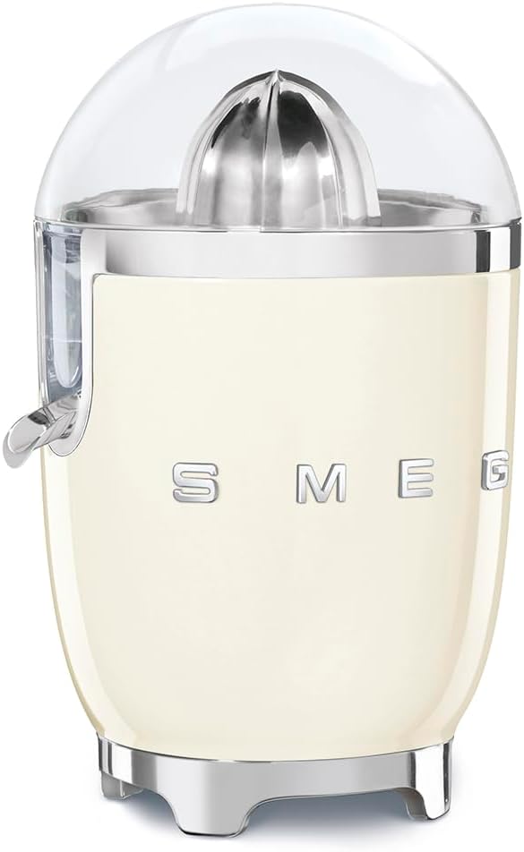Smeg, Electric Citrus Juicer CJF11CREU, Manual Pressure Squeezing, Anti-drip Spout and Universal Cone, Non-slip Base, Integrated Cord Reel, 70W, Cream