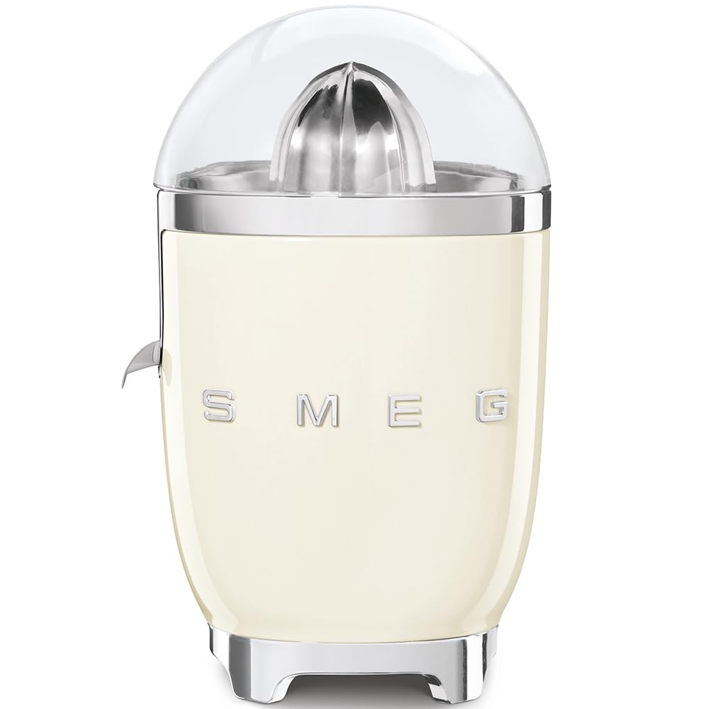 Smeg, Electric Citrus Juicer CJF11CREU, Manual Pressure Squeezing, Anti-drip Spout and Universal Cone, Non-slip Base, Integrated Cord Reel, 70W, Cream