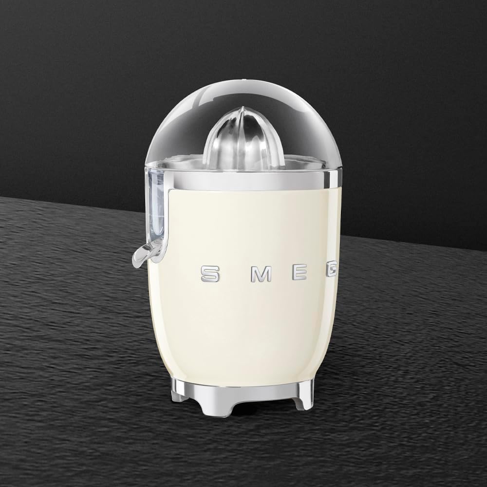 Smeg, Electric Citrus Juicer CJF11CREU, Manual Pressure Squeezing, Anti-drip Spout and Universal Cone, Non-slip Base, Integrated Cord Reel, 70W, Cream