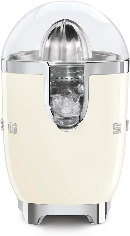 Smeg, Electric Citrus Juicer CJF11CREU, Manual Pressure Squeezing, Anti-drip Spout and Universal Cone, Non-slip Base, Integrated Cord Reel, 70W, Cream