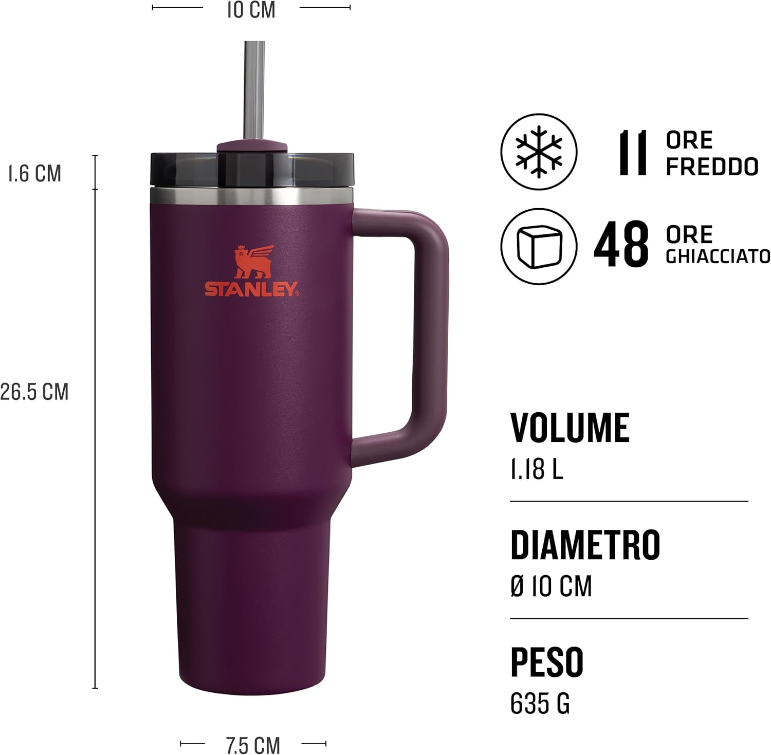 Stanley Quencher H2.0 Flowstate Water Bottle with Straw - Cold for 9-11 Hours - With Ice for 40-48 Hours - BPA Free - Insulated Mug with Handle Core 1.2L Plum