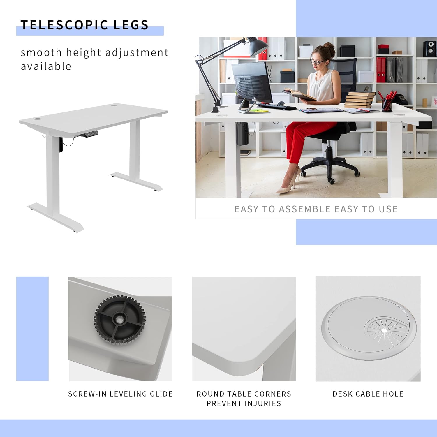 SUNLEI Electric Height Adjustable Standing Desk Ergonomic Stand Up Desk for Home Office 55 x 24 Inches Splice Board Hook Storage 55inch White and White