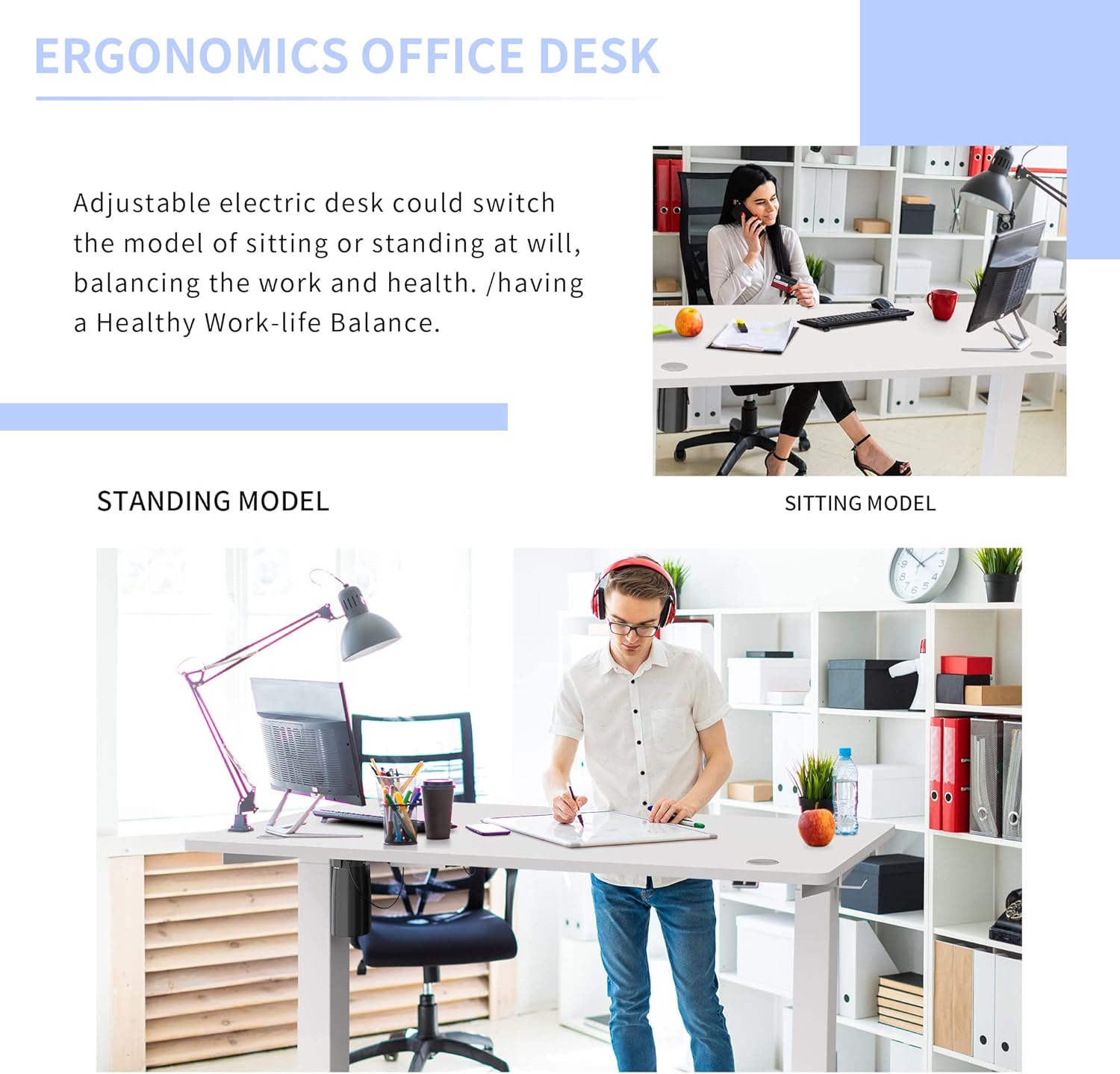 SUNLEI Electric Height Adjustable Standing Desk Ergonomic Stand Up Desk for Home Office 55 x 24 Inches Splice Board Hook Storage 55inch White and White