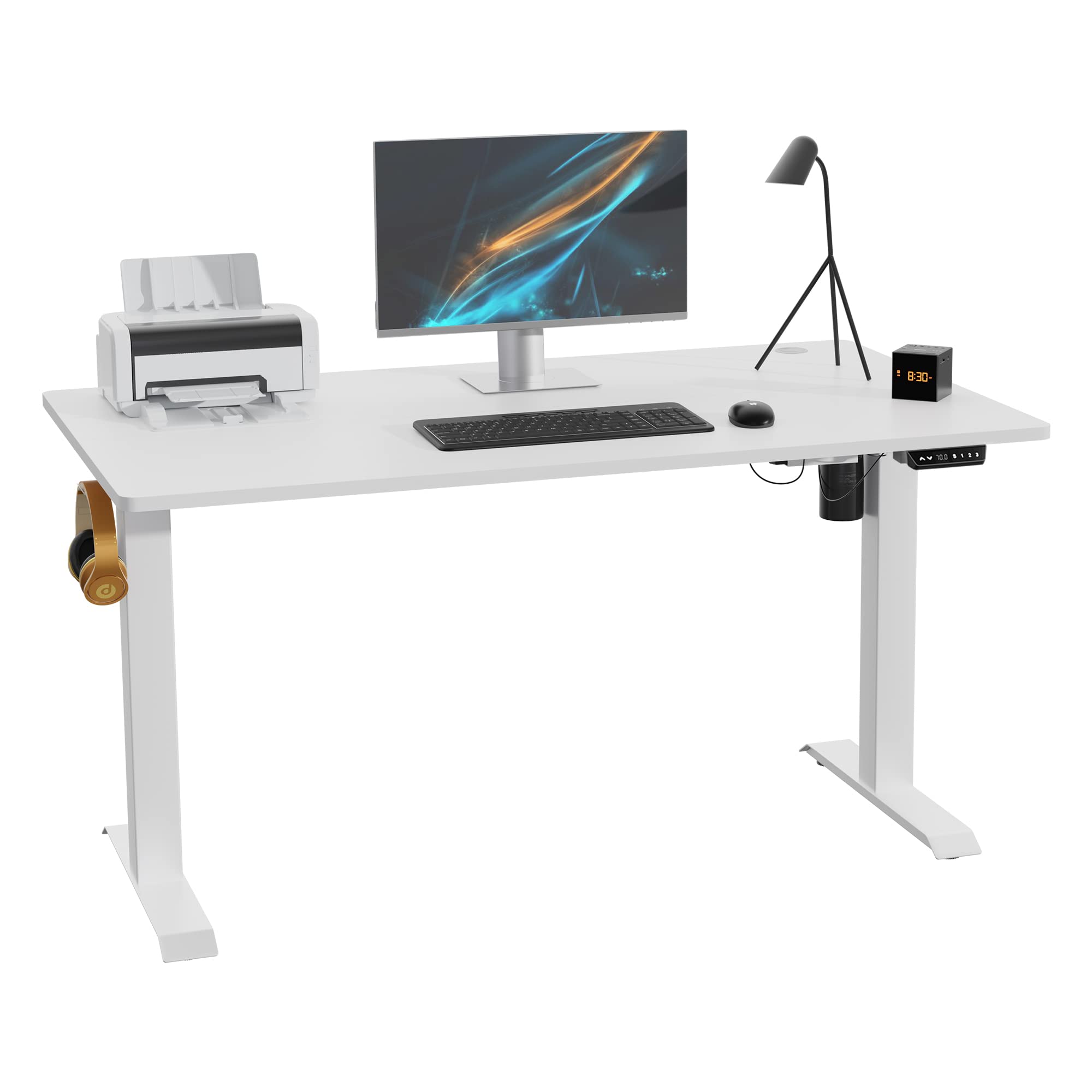 SUNLEI Electric Height Adjustable Standing Desk Ergonomic Stand Up Desk for Home Office 55 x 24 Inches Splice Board Hook Storage 55inch White and White