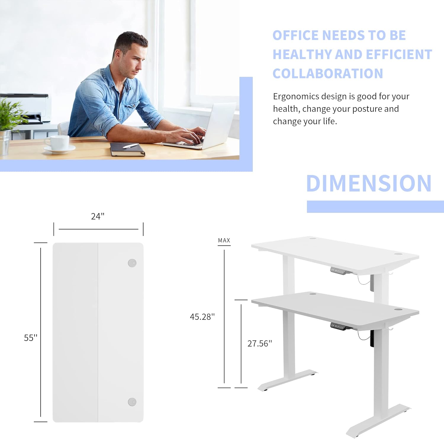 SUNLEI Electric Height Adjustable Standing Desk Ergonomic Stand Up Desk for Home Office 55 x 24 Inches Splice Board Hook Storage 55inch White and White