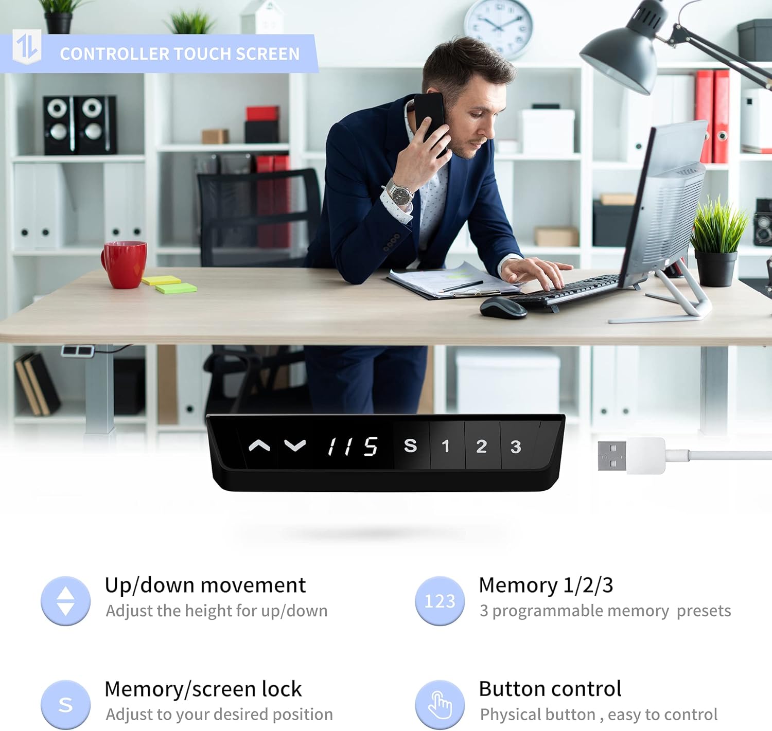 SUNLEI Electric Height Adjustable Standing Desk Ergonomic Stand Up Desk for Home Office 55 x 24 Inches Splice Board Hook Storage 55inch White and White