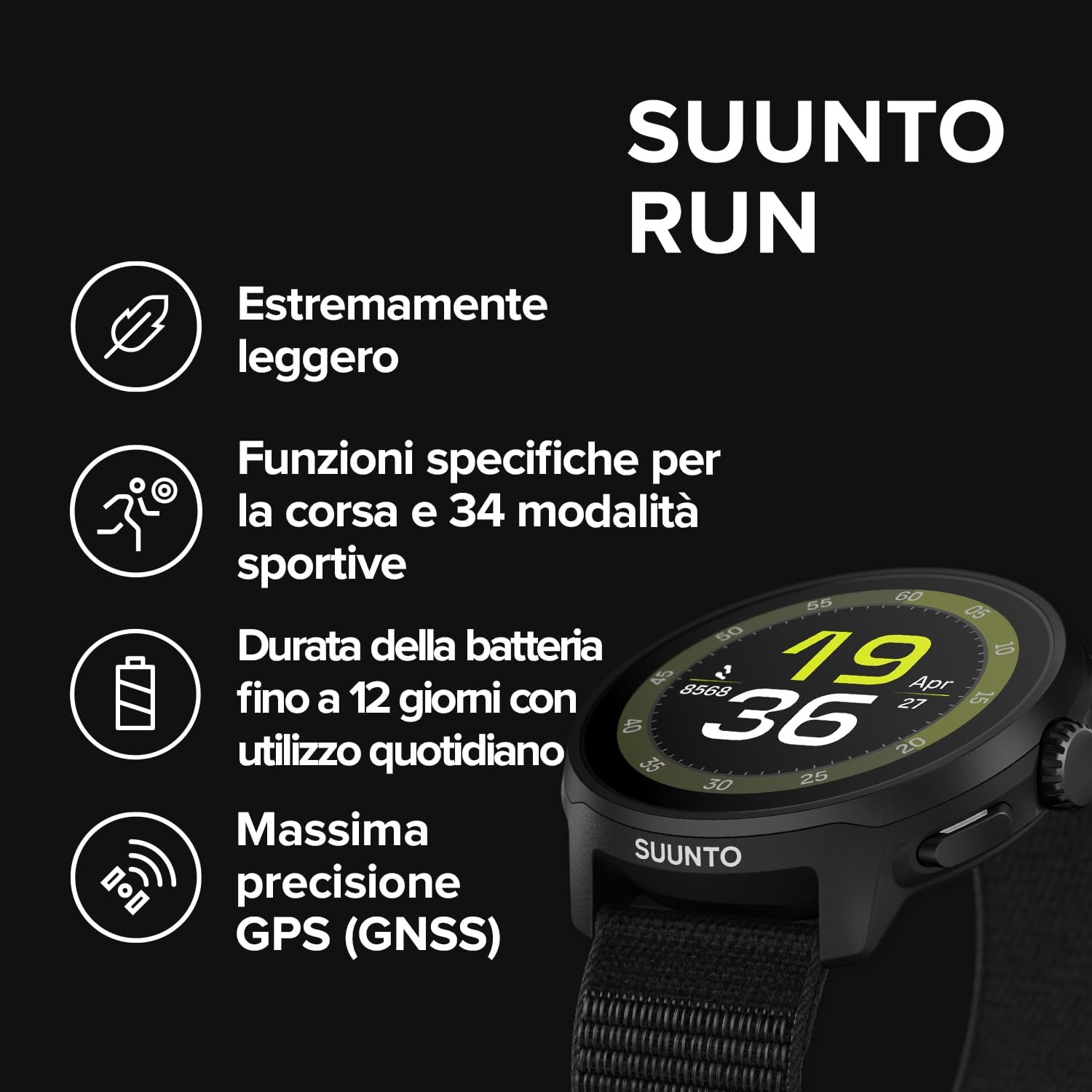 SUUNTO RUN Running Sports Watch, 1.32" AMOLED Touchscreen, Activity Tracker, Smartwatch for Running, Dual Band GPS, Heart Rate/Sleep Monitoring, 12 Days of Battery Life, Music All Black Silicone Strap