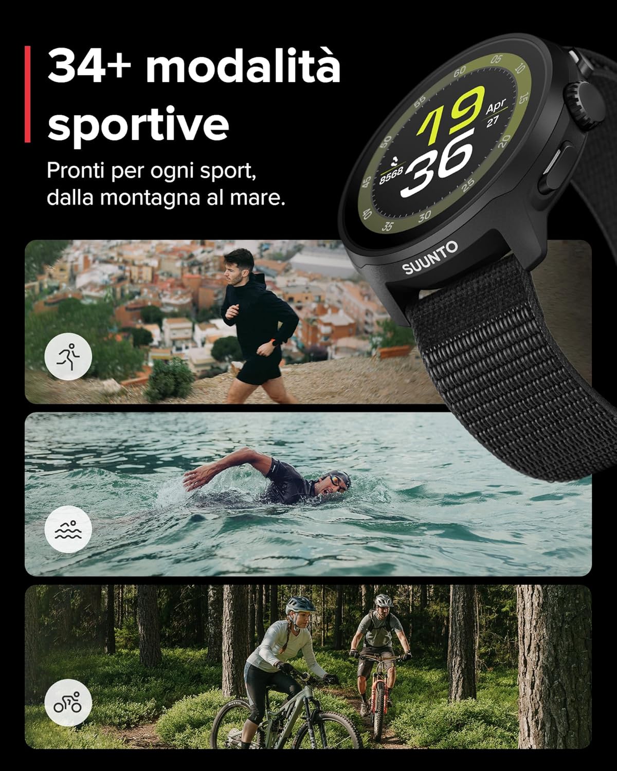 SUUNTO RUN Running Sports Watch, 1.32" AMOLED Touchscreen, Activity Tracker, Smartwatch for Running, Dual Band GPS, Heart Rate/Sleep Monitoring, 12 Days of Battery Life, Music, All Black Textile Strap